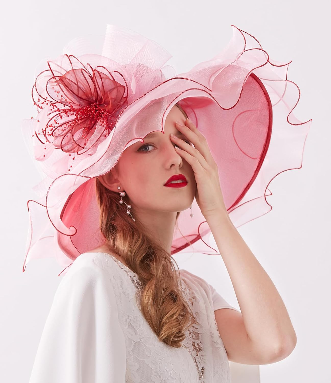 Women’S Kentucky Derby Church Hat Organza One Size 02B- Burgundy and Pink