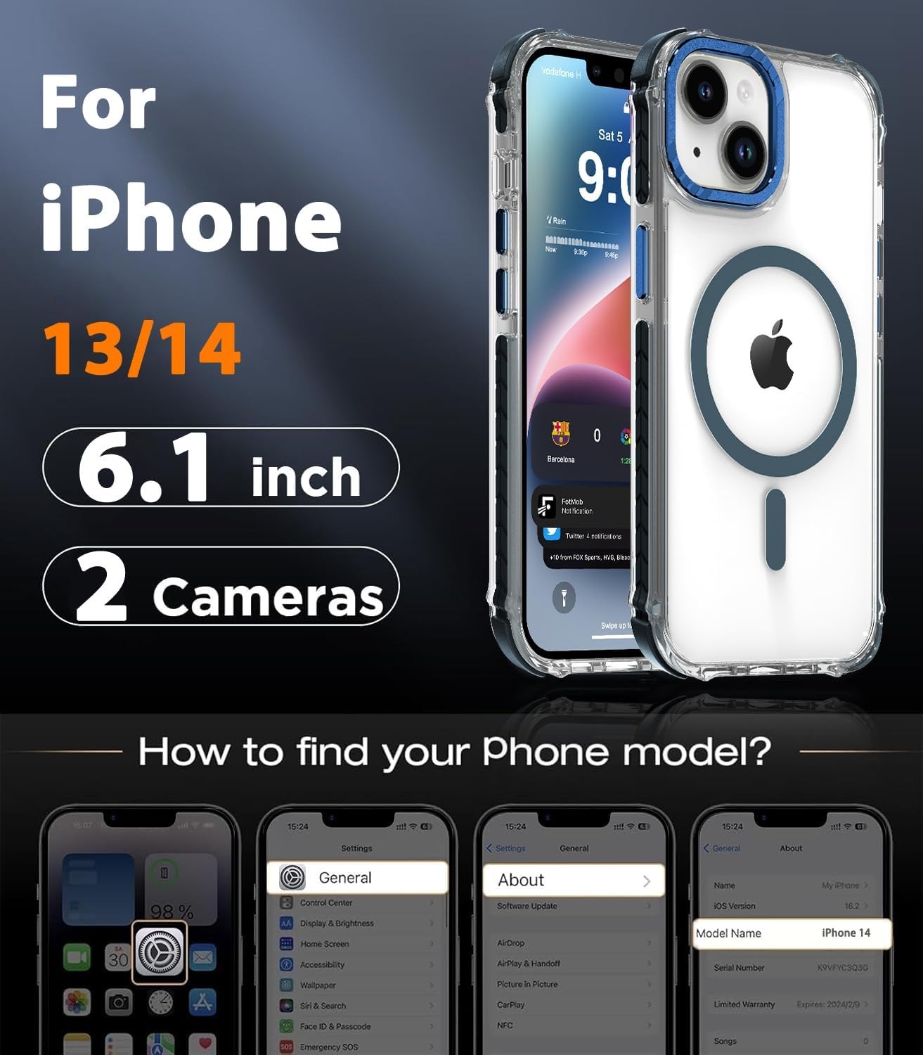 Clear Slim Shockproof Magnetic Case for 6.1-Inch iPhone 13/14 – Strong Protectio