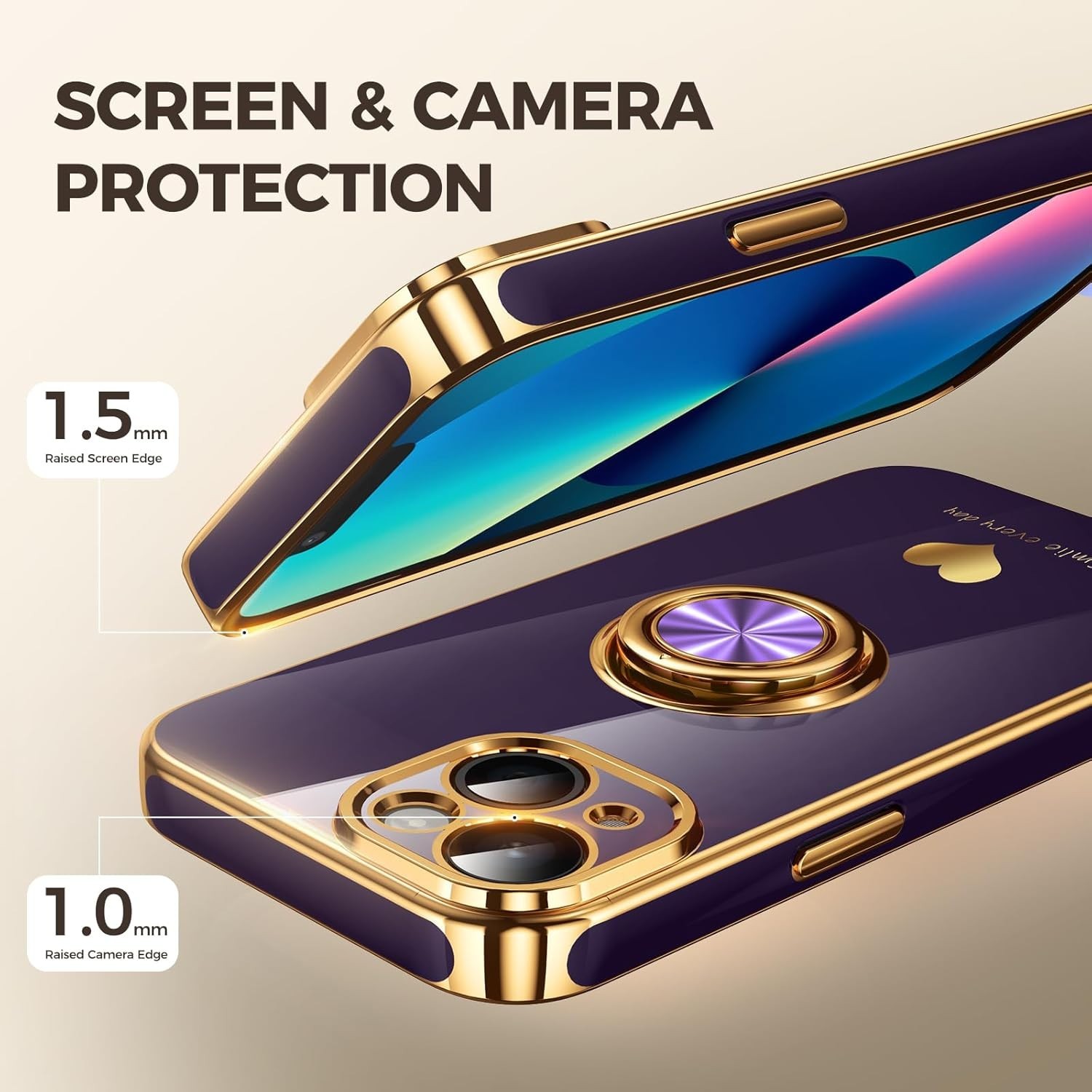 iPhone 13 Case with 2 Pack Screen Protector, 360° Rotatable Ring Holder – Purple