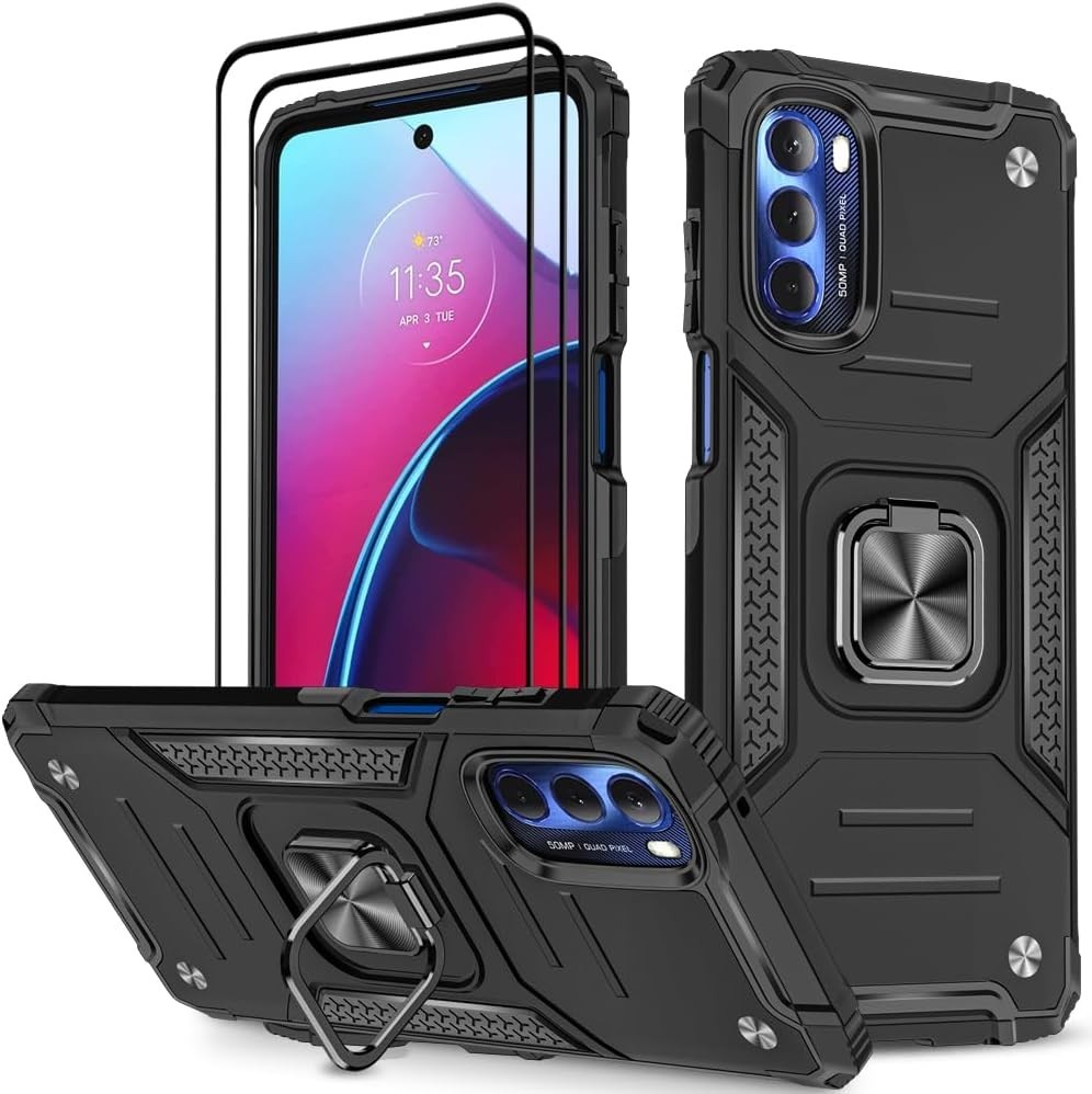 Moto G Stylus 5G 2022 Case with 2Pcs Tempered Glass Screen Protector, Black