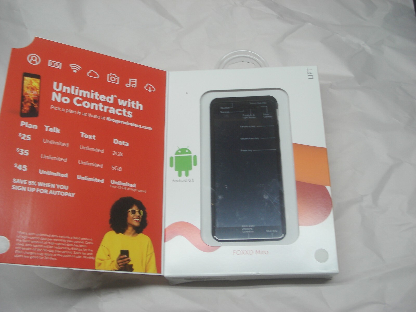Kroger Wireless Foxxd Miro L590A 16GB 5.5in Android Smartphone Black New/locked