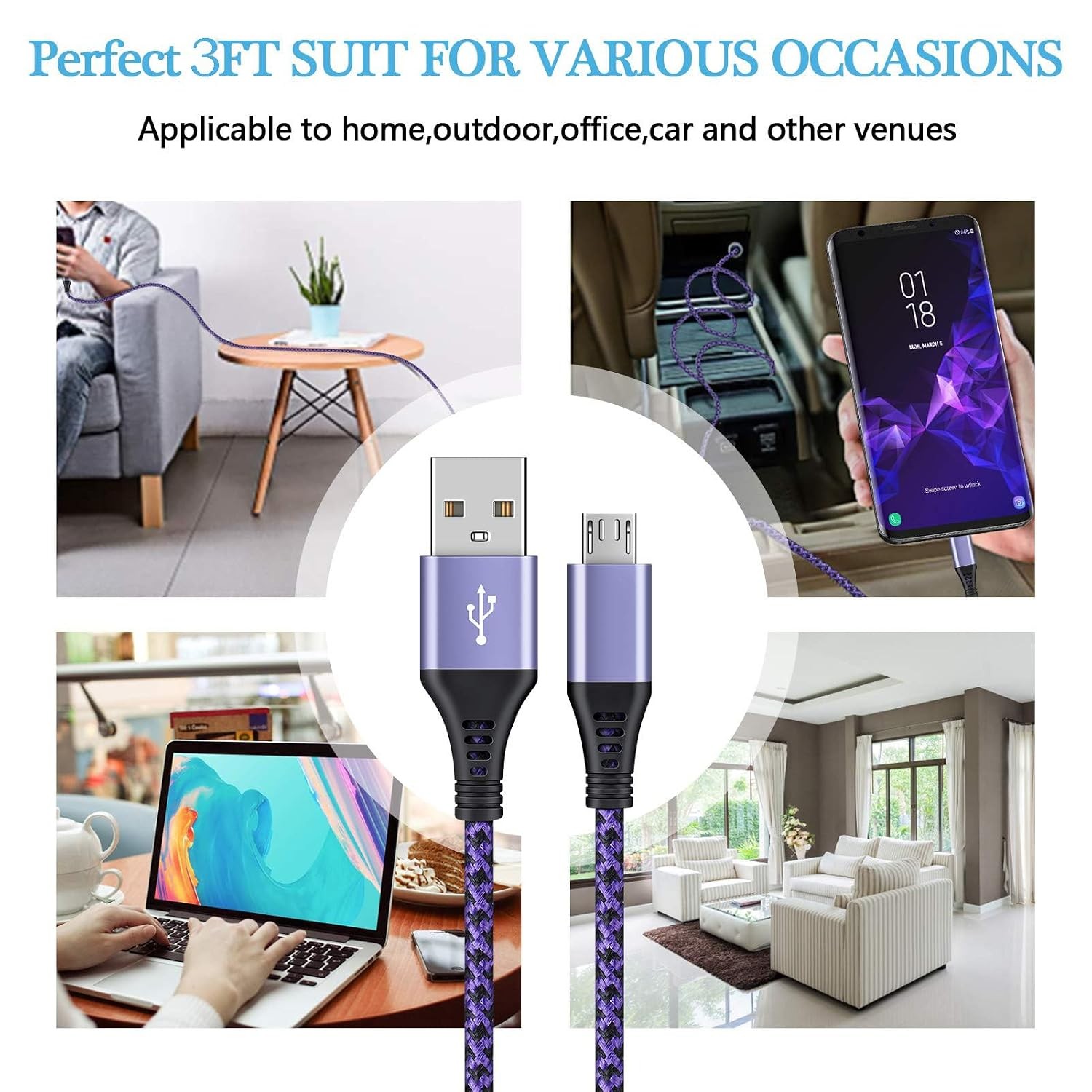 4 Pack Fast Micro USB Charger for Samsung Galaxy S7 J7 3Ft