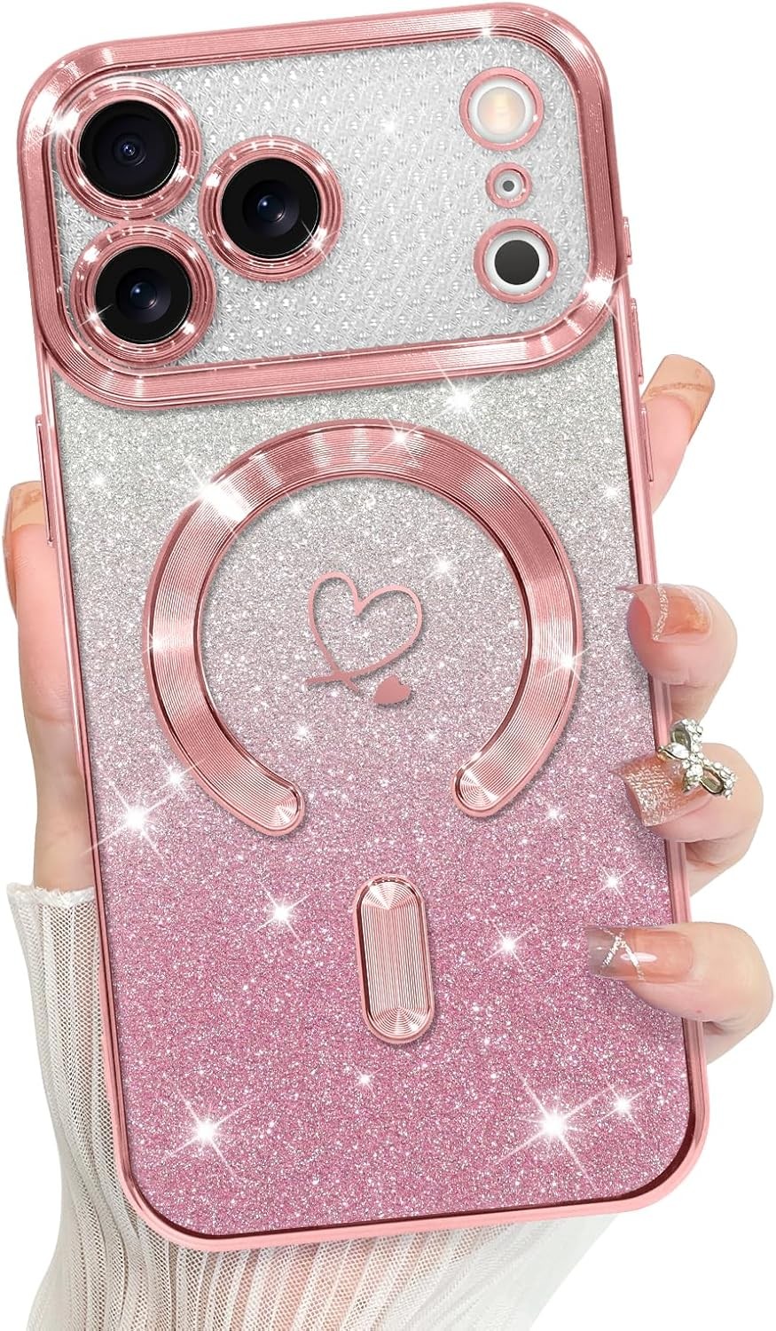 iPhone 17 Pro Max Case 2025 Support for Plating Heart Glitter Magnetic TPU Cover