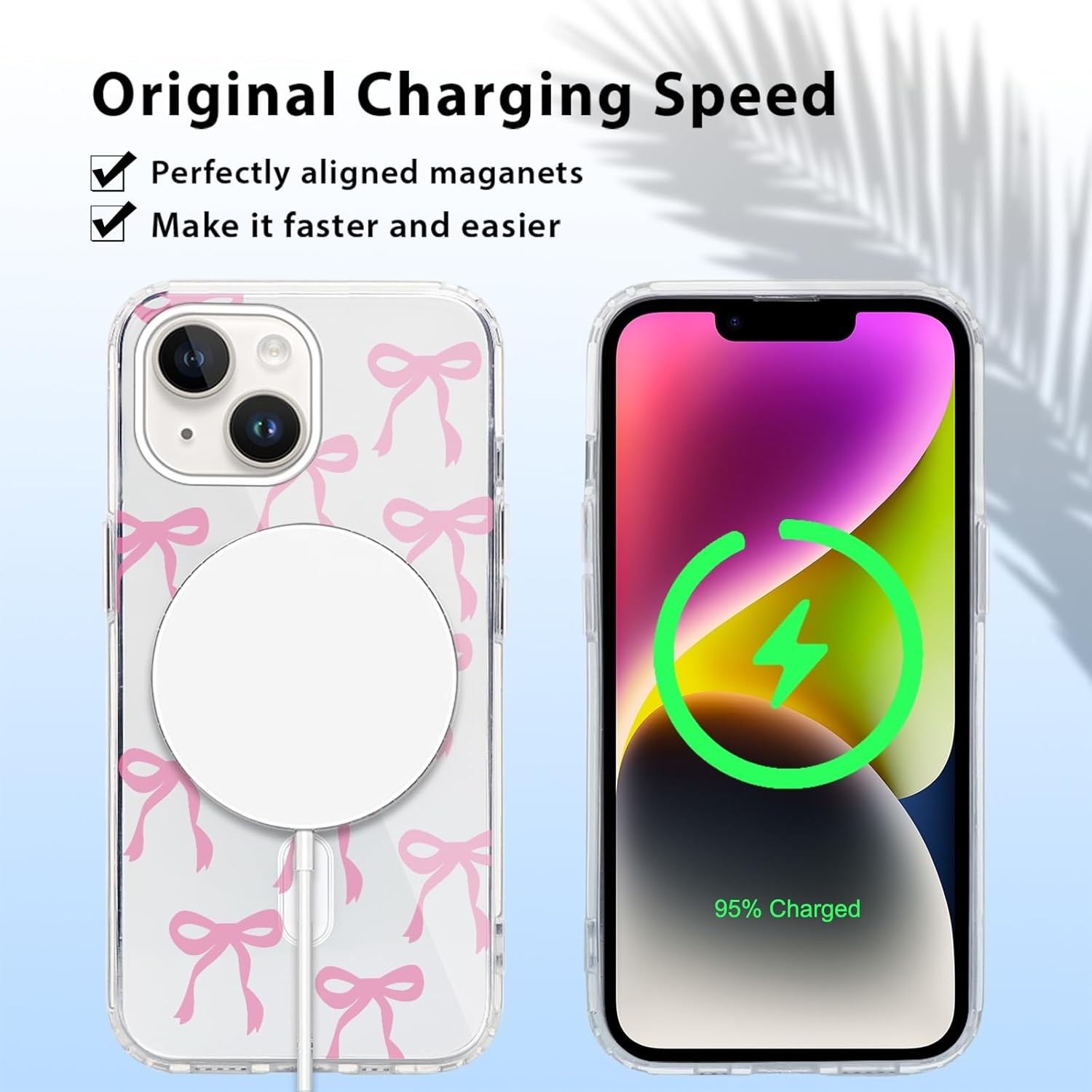 Cute Bow Case Magnetic for iPhone 14 / iPhone 13 6.1” Aesthetic Clear Case Pink