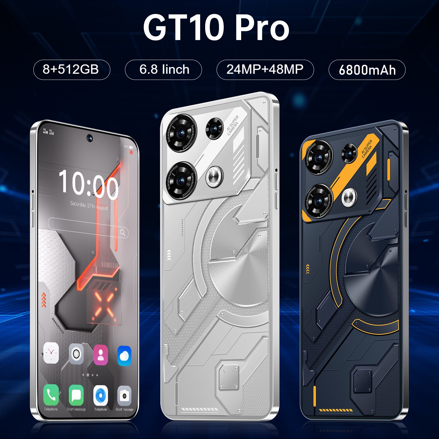 GT10 Pro Smartphone Android Factory Unlocked 6.8″ HD 8+512GB 6800mAh Dual SIM