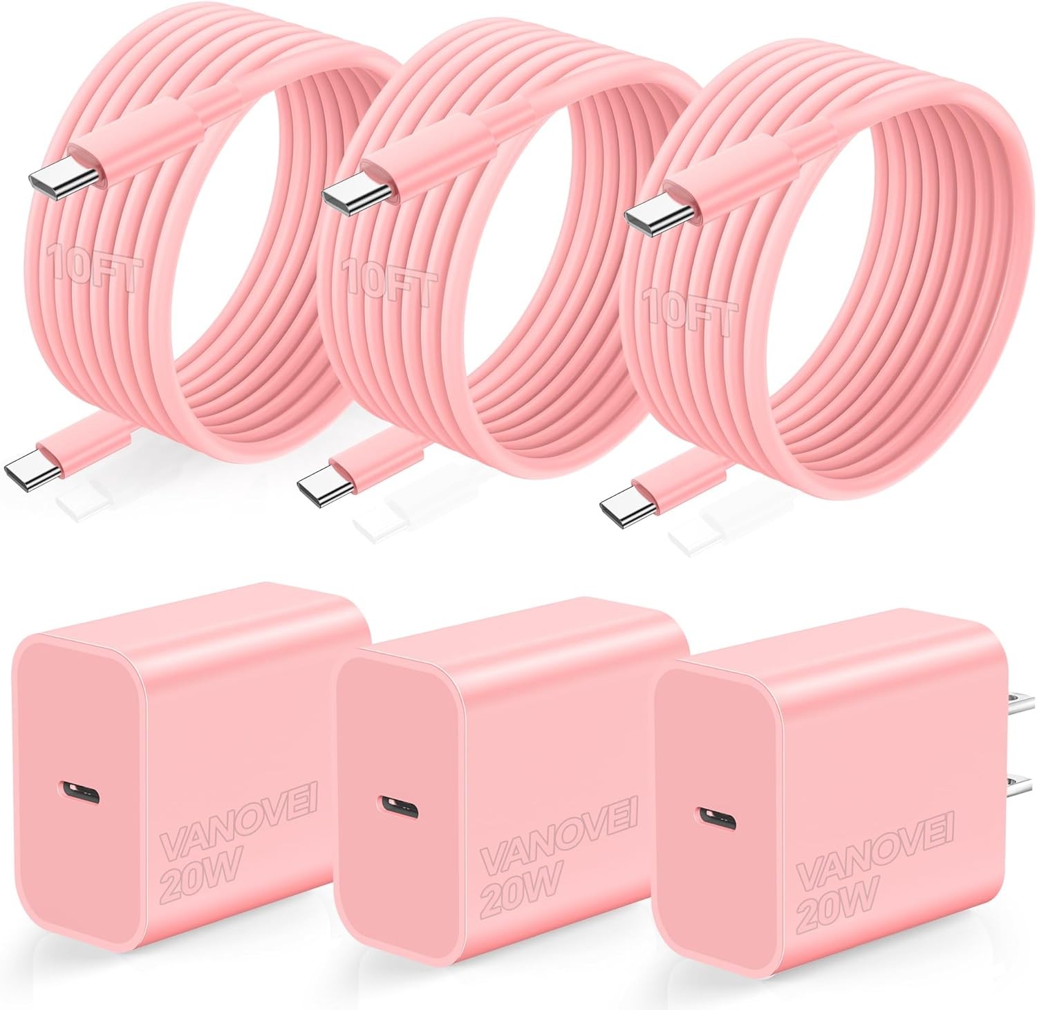 3 Pack 20W USB-C Fast Wall Charger for iPhone 17/16/15 10ft Cable