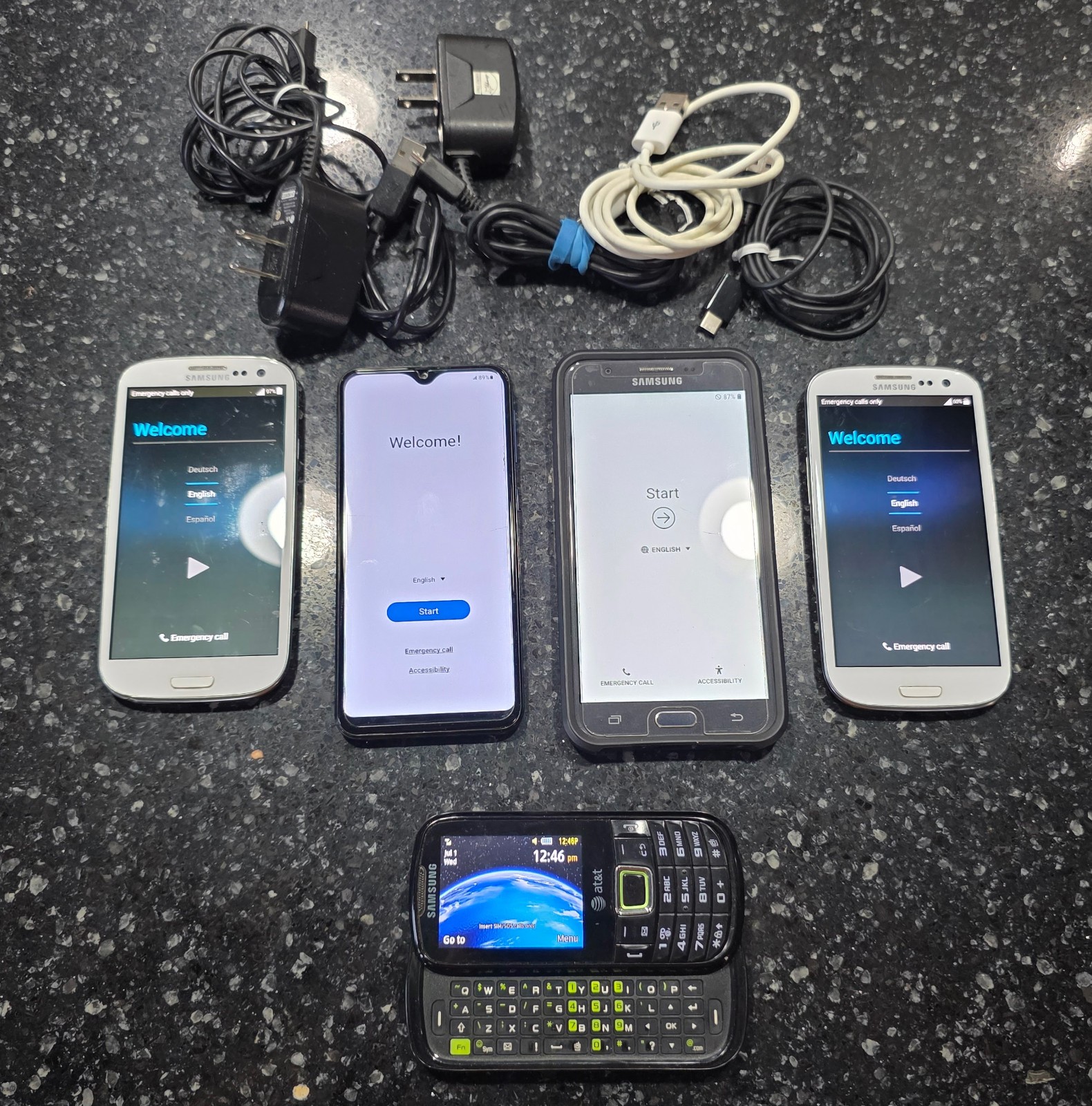 Lot Of 5 Samsung AT&T Phones WORKING – A10e / Galaxy J7 / Galaxy S3 / Evergreen