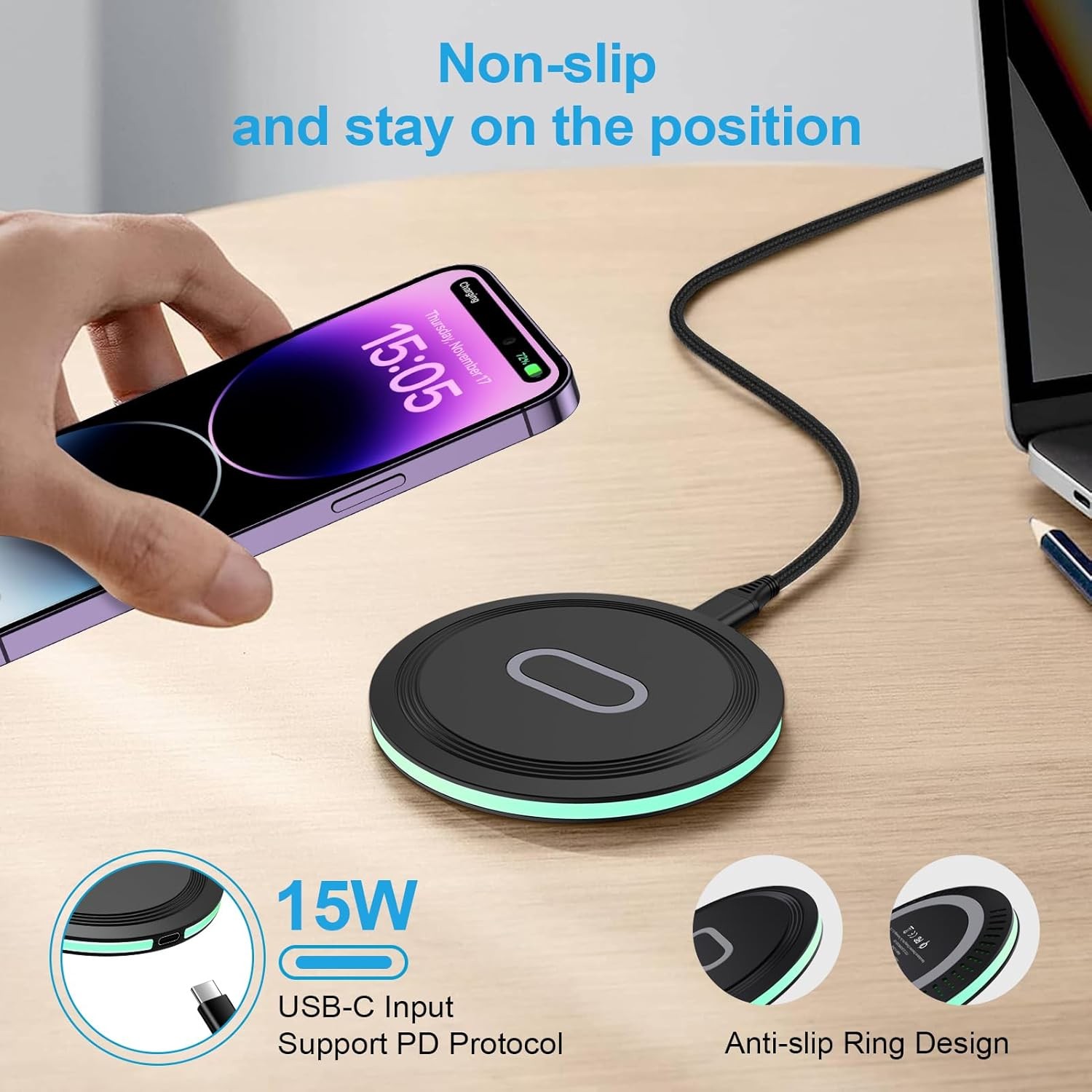 Fast 15W Wireless Charger Pad for iPhone 17, Samsung Galaxy S26 Ultra