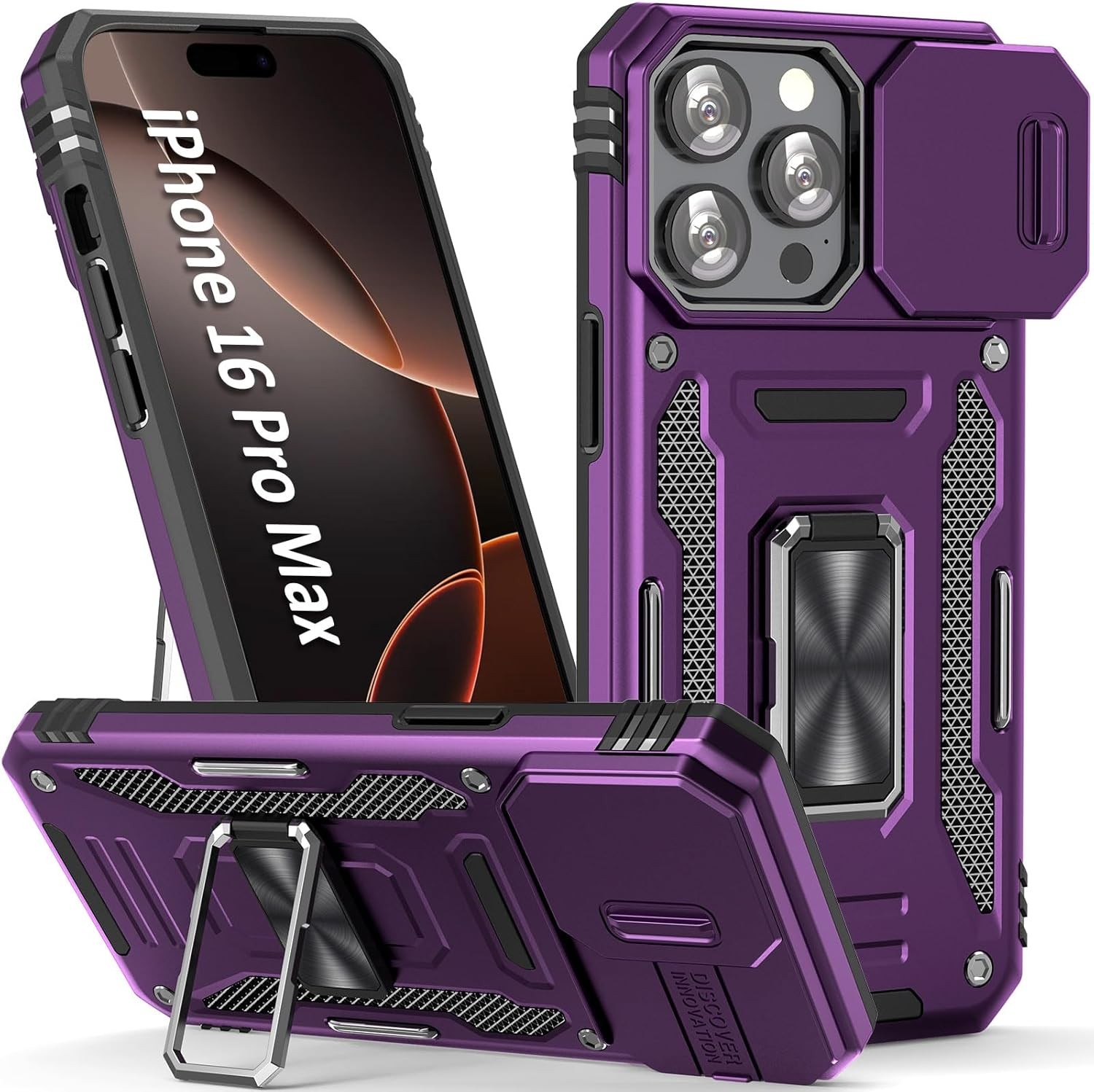 Case for iPhone 16 Pro Max Phone Case with Kickstand Ring and Camera Cover, Purp