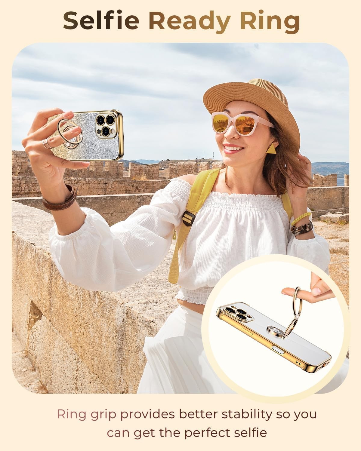 iPhone 16 Pro Max Case with Stand, Double Ring Kickstand, Cute Love-Heart Bling