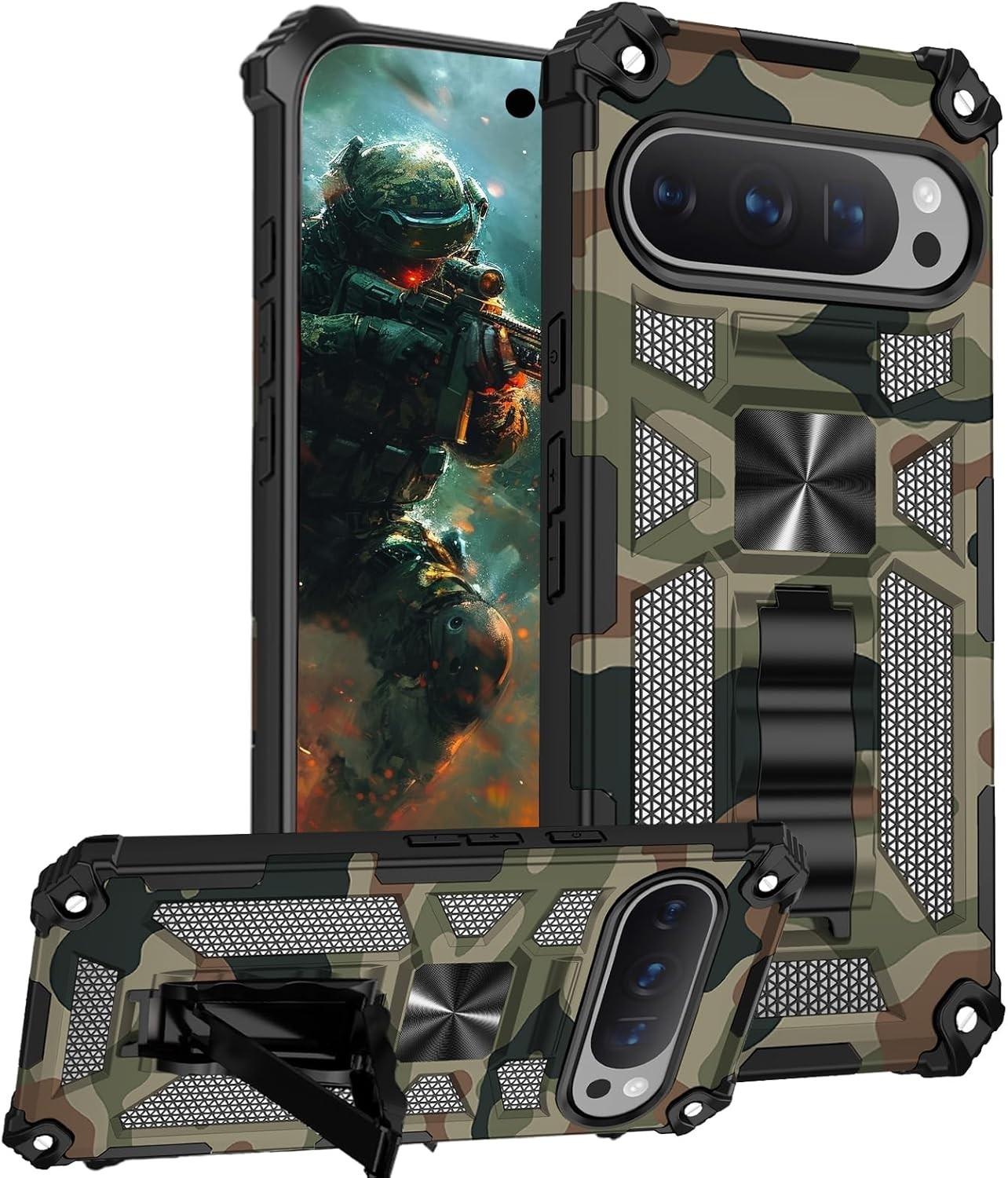 Google Pixel 10 Pro Camo Case with Kickstand, Military Grade Shockproof Cover