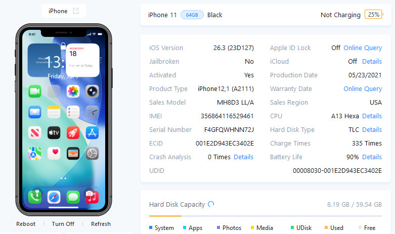 GSM UNLOCKED iPhone 11, 64GB A2111 MH8D3LL/A WITH BLANK LCD FOR REPAIR iOS 26.3