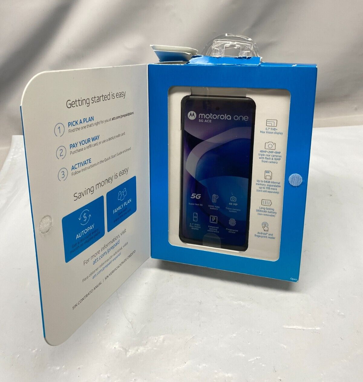 AT&T Prepaid Smartphone, Motorola One 5G Ace, 64GB, Volcanic Grey – Torn Package