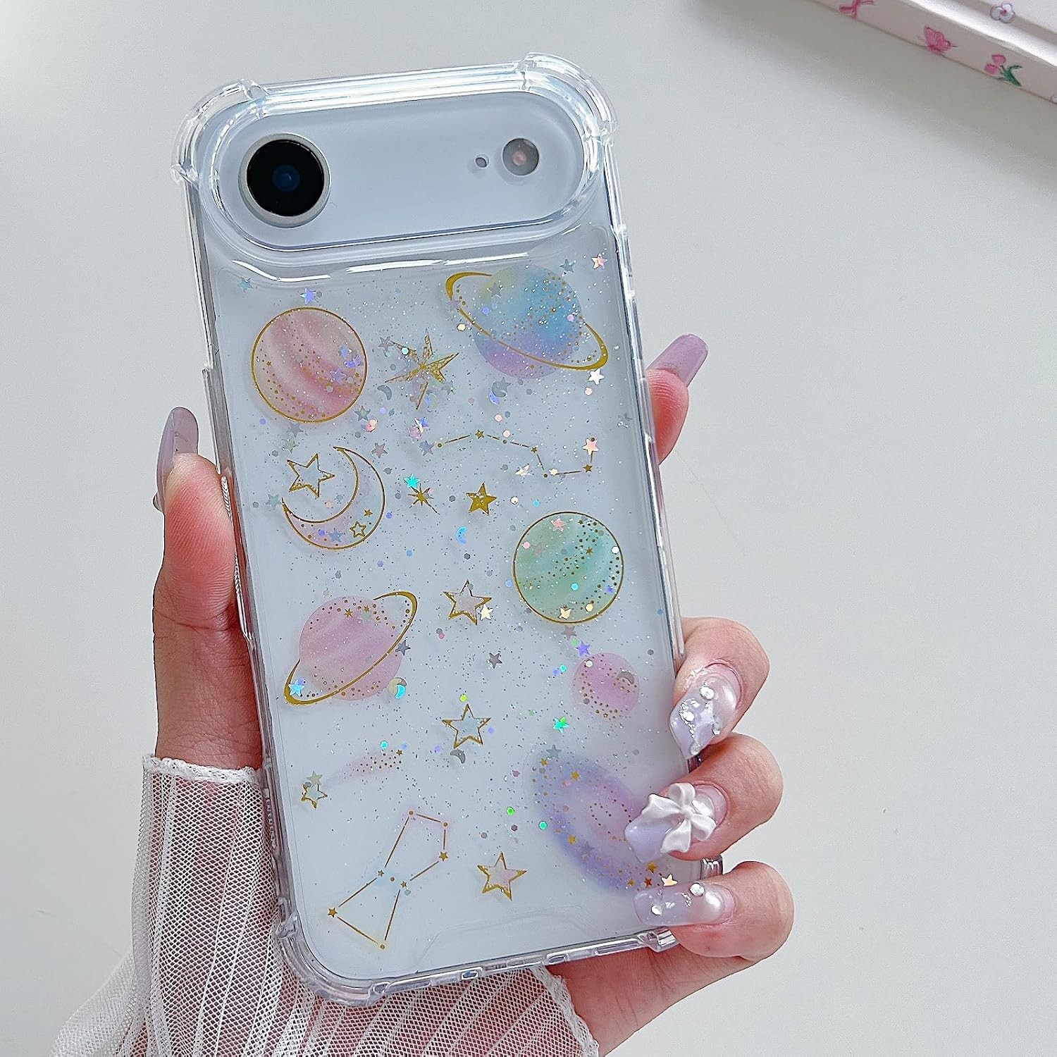 iPhone 17 Air Clear Glitter Case, Cute Girly Bling Sparkle Planet Space Stars Mo