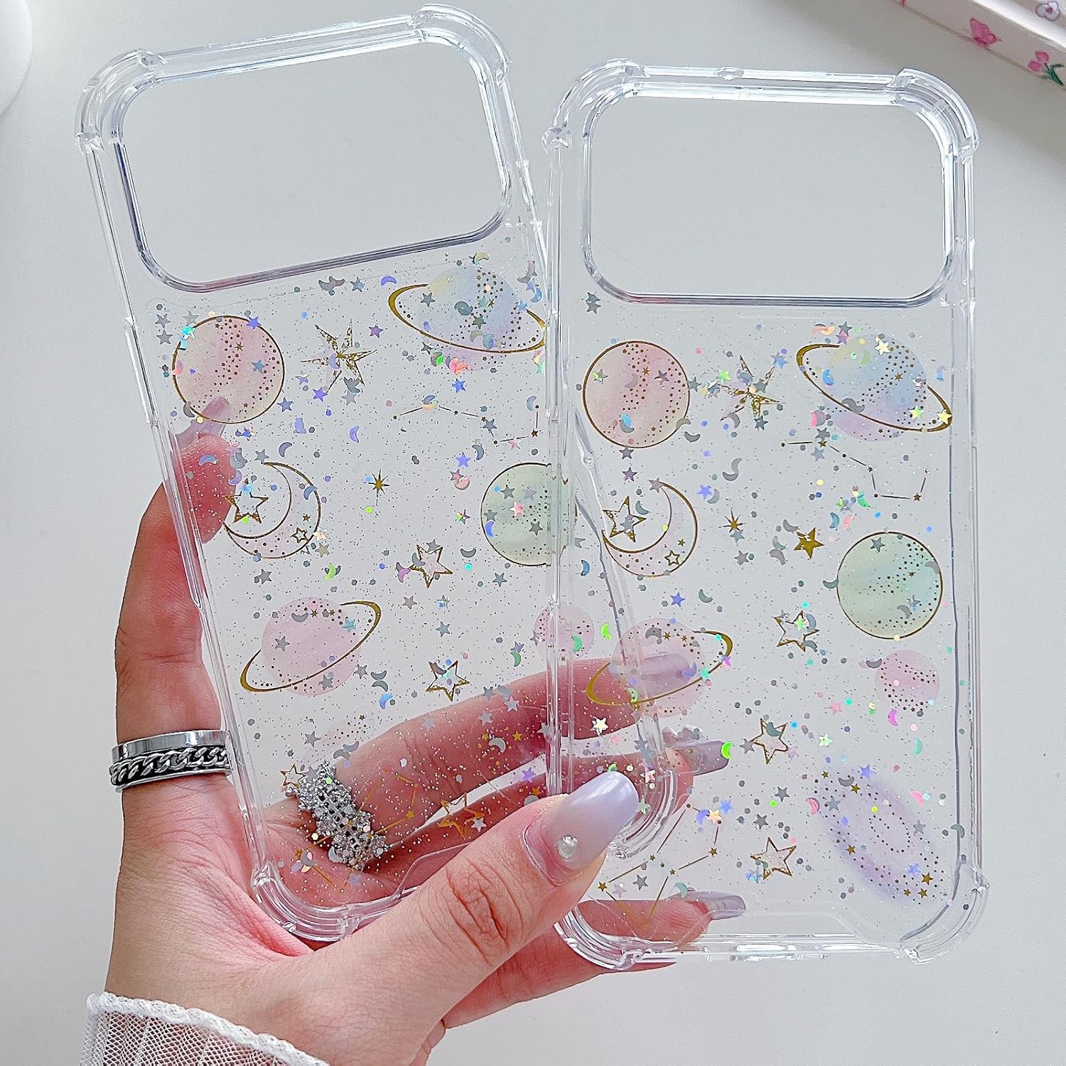 iPhone 17 Air Clear Glitter Case, Cute Girly Bling Sparkle Planet Space Stars Mo