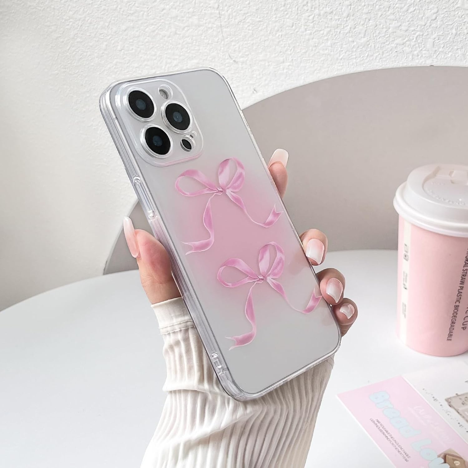 Clear iPhone 15 Pro Max Case with Cute Bowknot Ribbon Aesthetic Design Bumper Pr