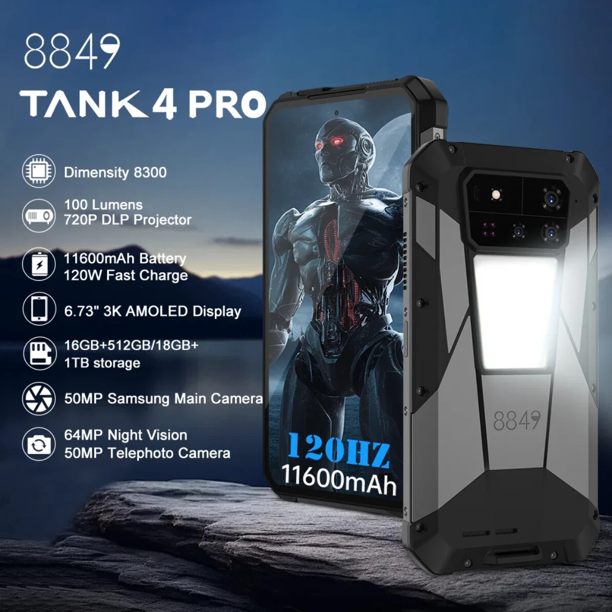 Unihertz 8849 Tank 4 Pro (Global Model) 18/1TB Projector Rugged (GSM Unlocked)