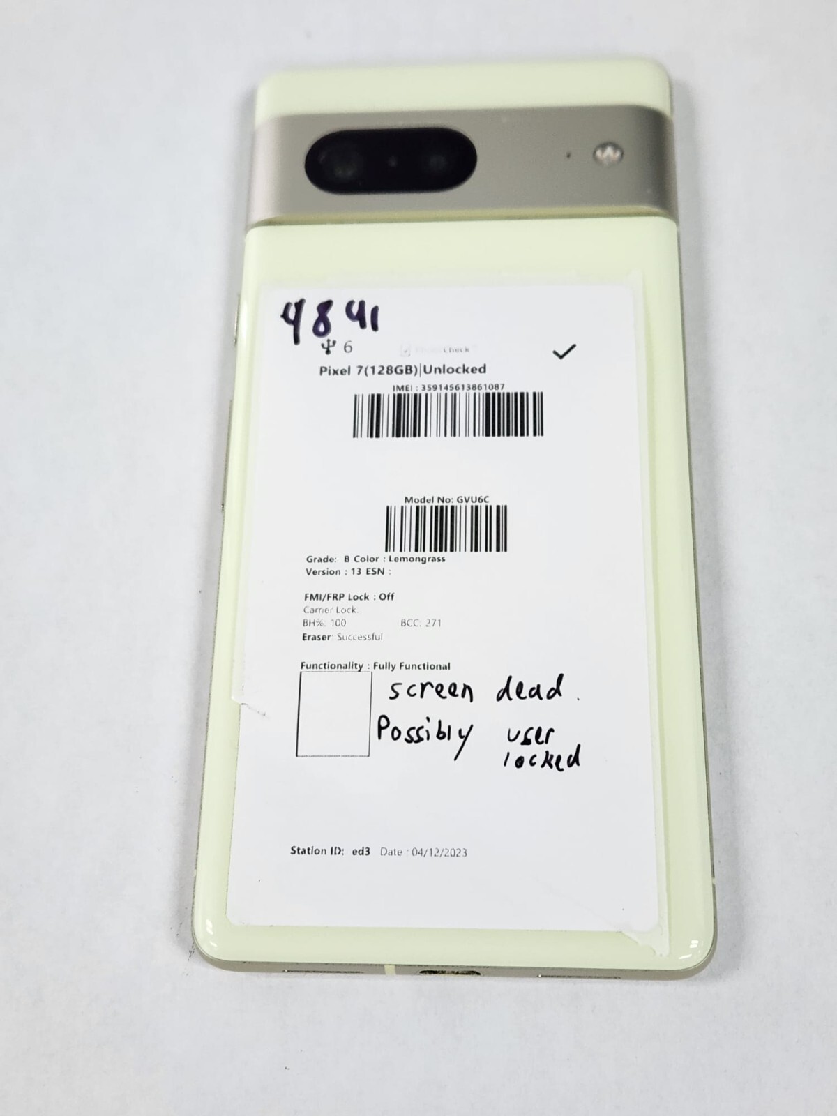 FOR PARTS- Google Pixel 7 – 128GB – Lemongrass – Unlocked – GVU6C – 4841