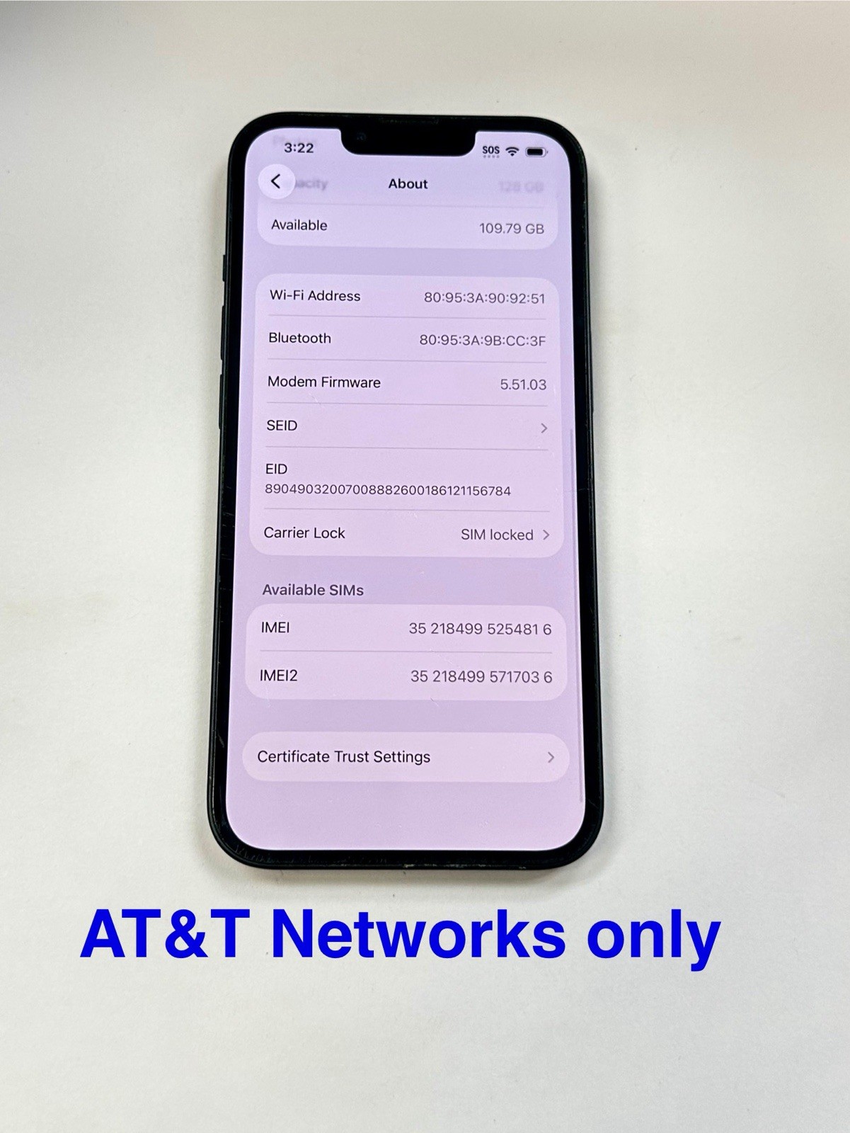APPLE IPHONE 13 2482 MIDNIGHT 128GB IOS 26.5 AT&T CARRIER ONLY