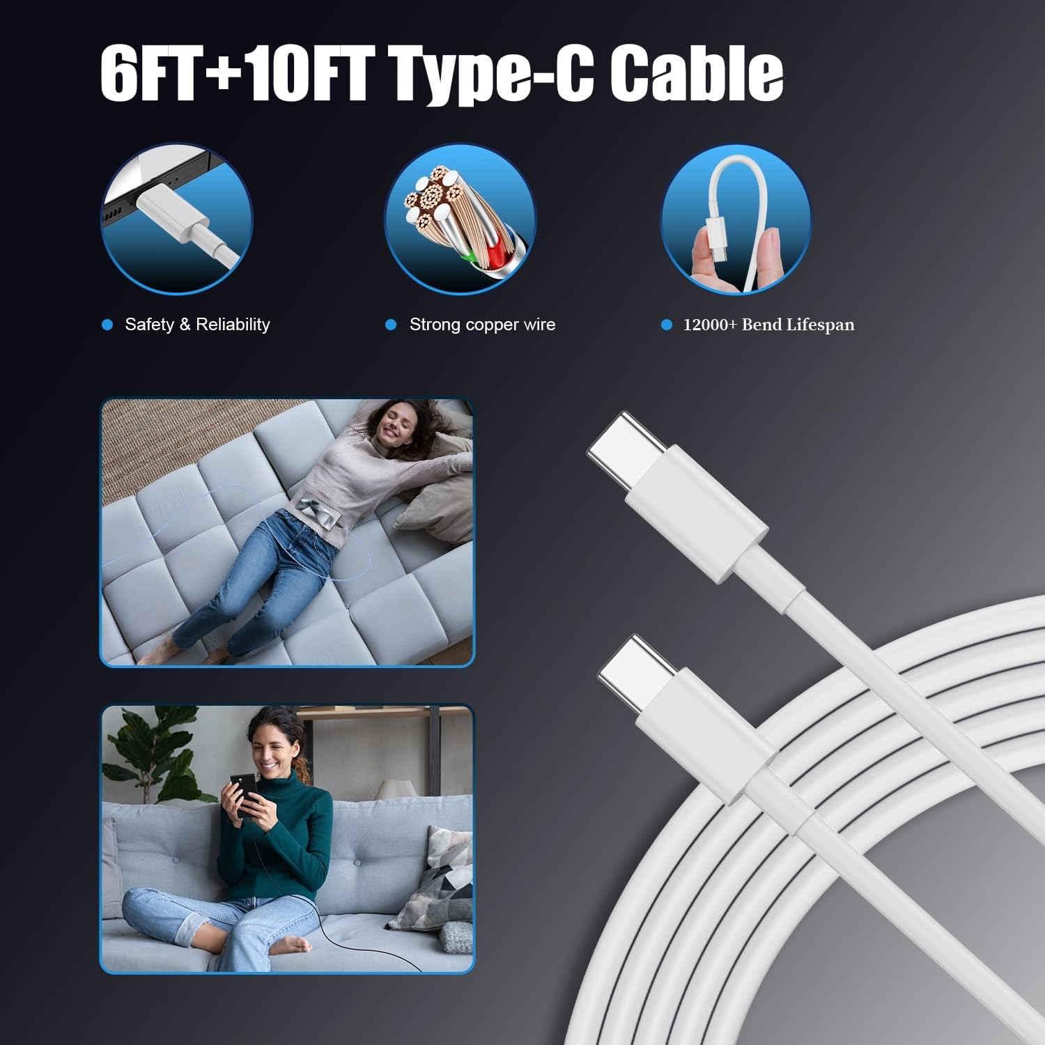 4 Pack 25W USB-C Fast Charger Wall Adapter for iPhone 16/15 6ft+10ft Cables