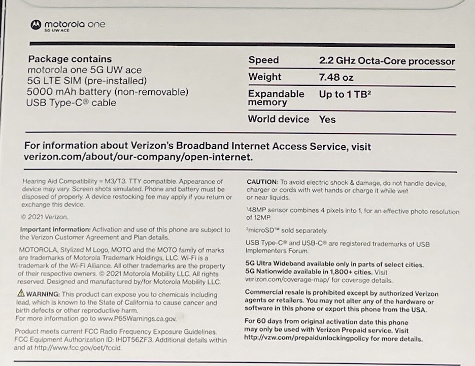 New/Sealed Verizon Motorola One 5GUW Ace Prepaid Volcanic Gray 64GB World Device