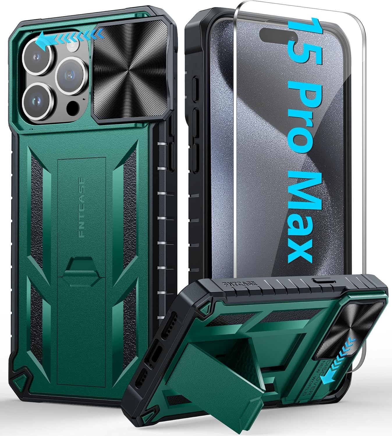 iPhone 15 Pro-Max Case: Military Grade Rugged Shockproof Cover with Kickstand &