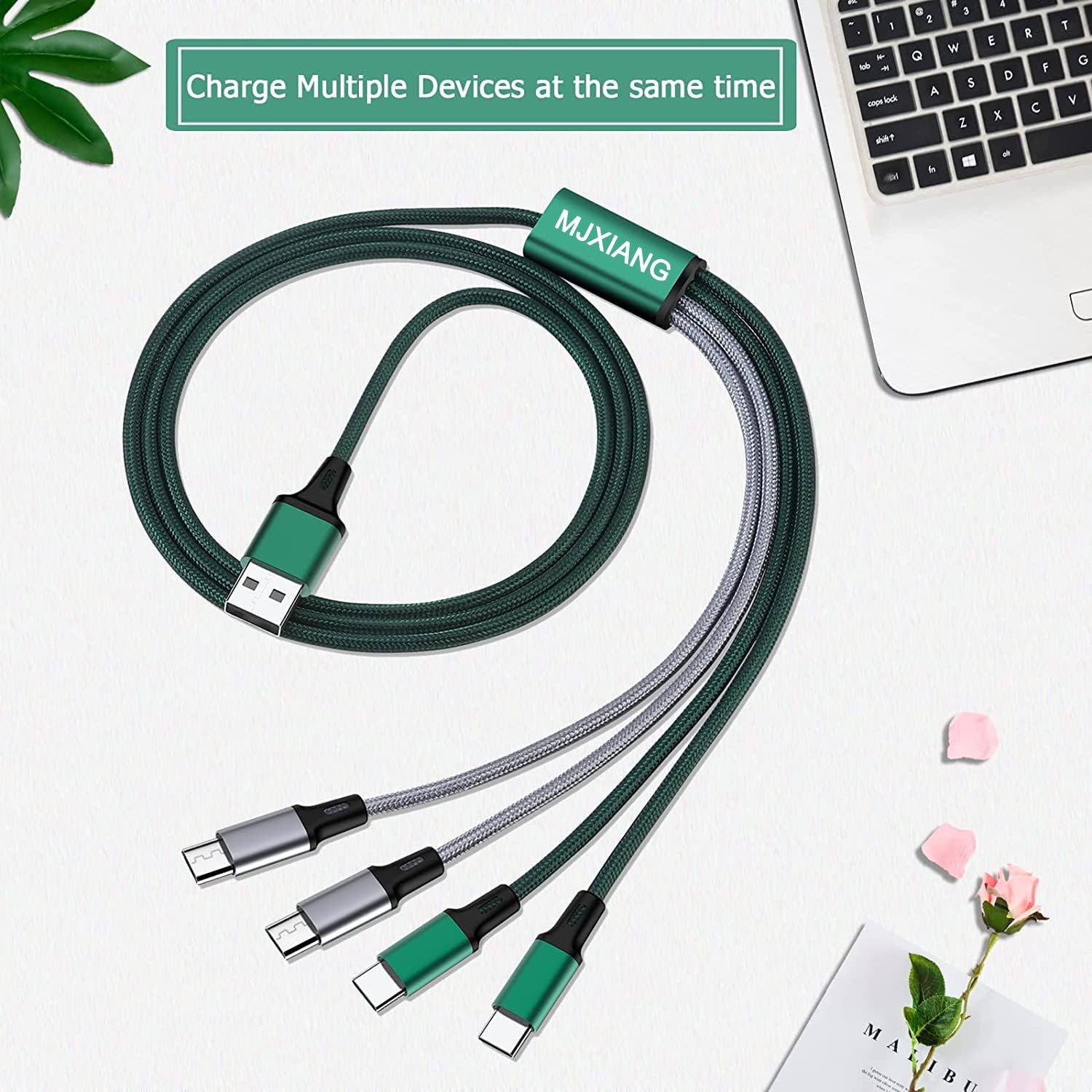 Multi Charging Cable 4Ft 2-Pack, Nylon Braided 4 in 1 USB with 2 Type C/2 Micro