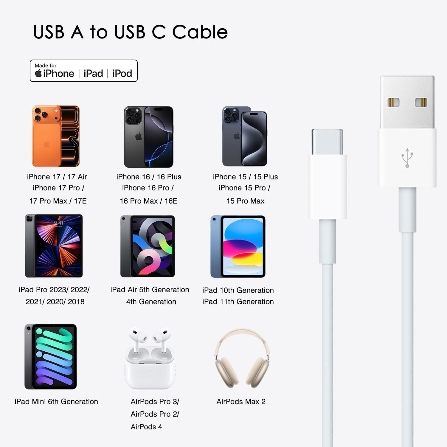 Car Carplay Cable for iPhone 17/16/15, USB A to USB C Charger Cord for iPad