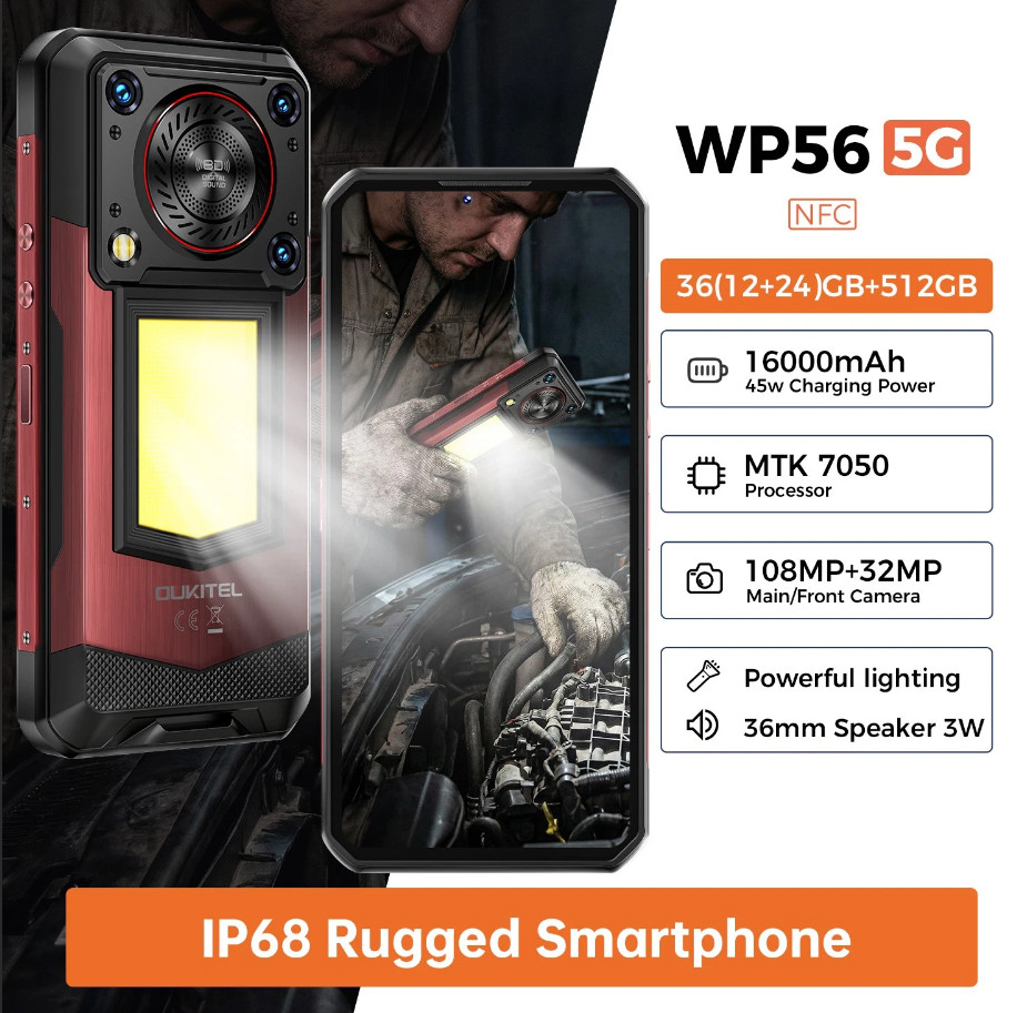 OUKITEL WP56 Unlocked 5G Rugged Smartphone 16000mAh 36GB+512GB Android 15 NFC