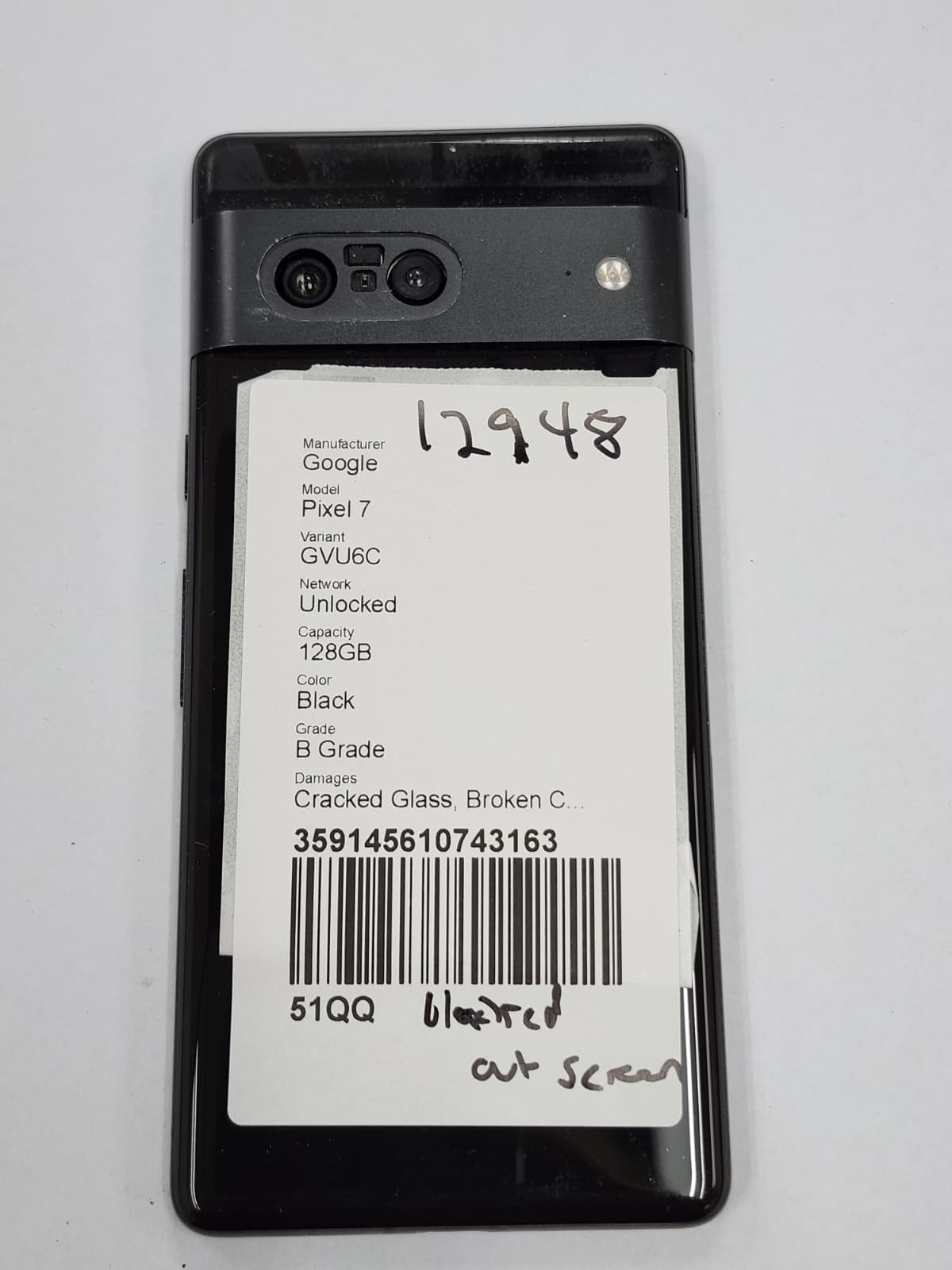 DEFECTIVE – Google Pixel 7 – 128GB – Obsidian – Unlocked – GVU6C – 12948