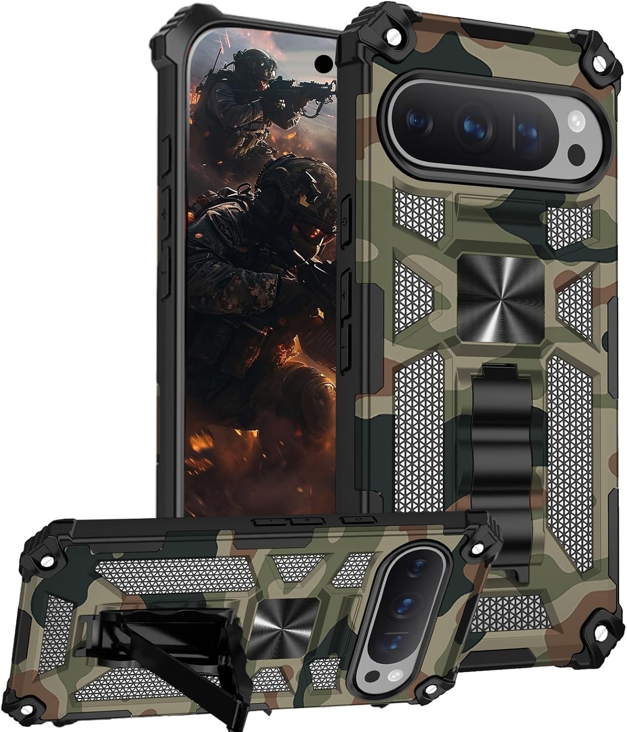 Google Pixel 10 Pro Camouflage Case with Kickstand, Military Grade Shockproof Co