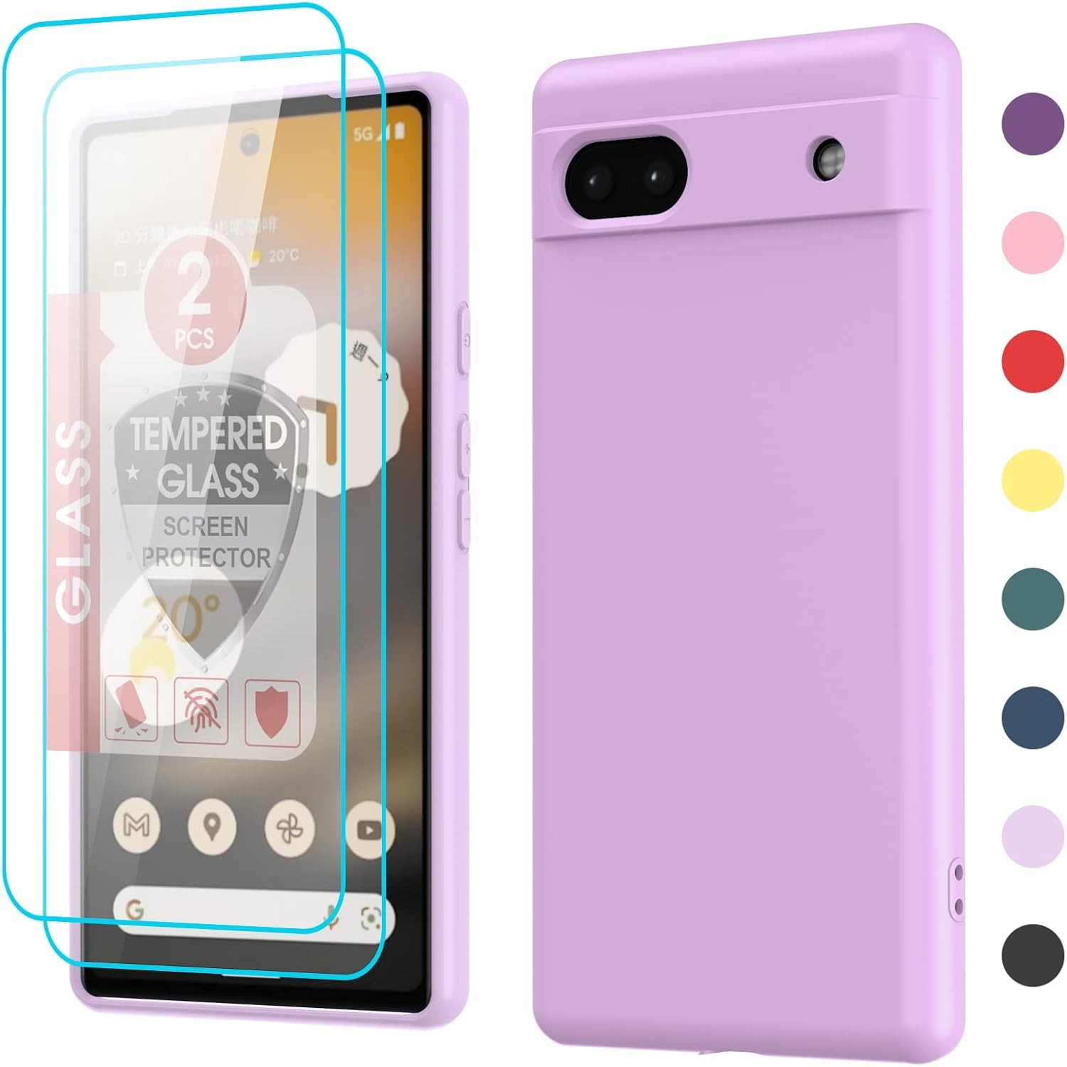 for Google Pixel 6A Phone Case with 2 Pack Tempered Glass Screen Protector, Purp