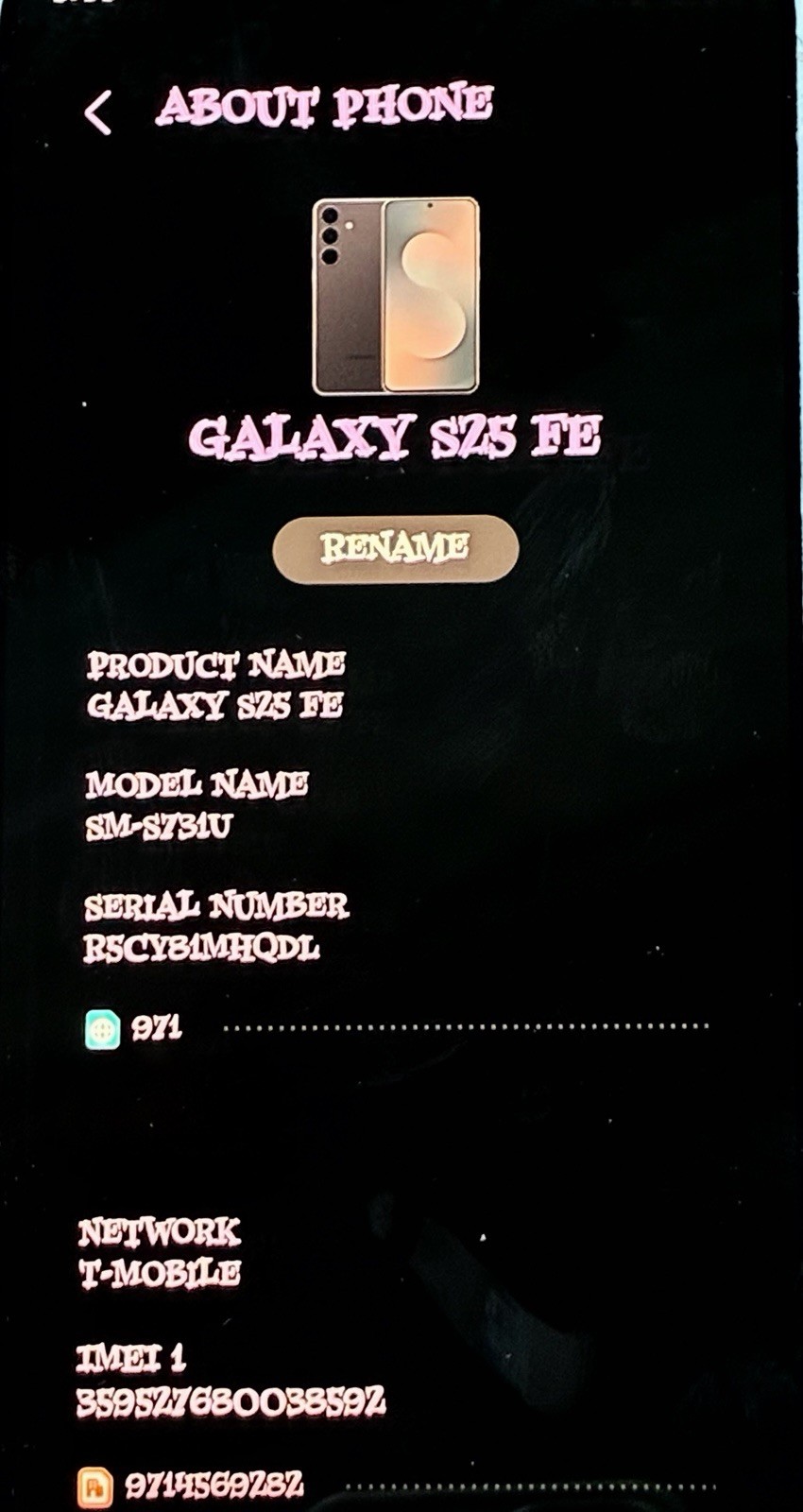 Samsung Galaxy S25 FE SM-S731U 128GB Black T-Mobile Android 6.7in 50MP 8GB