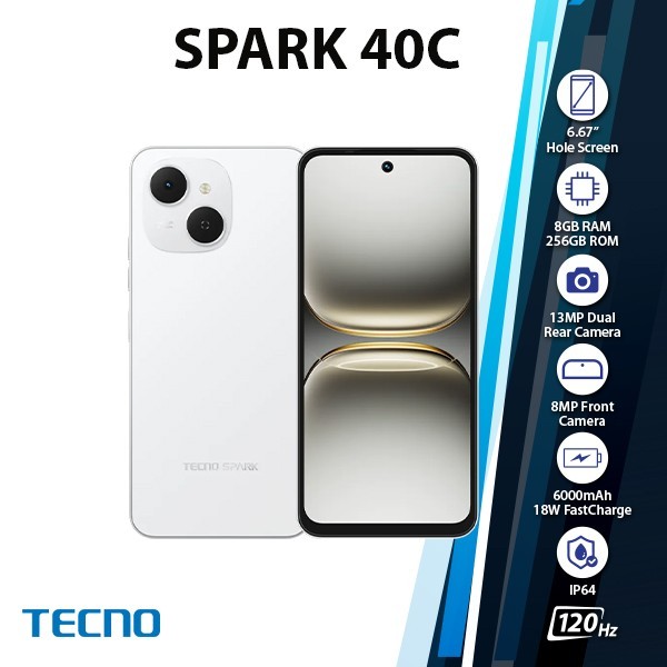 (New) TECNO Spark 40C Android Cell Phone (8GB+256GB/WHITE/Dual SIM/Unlocked)