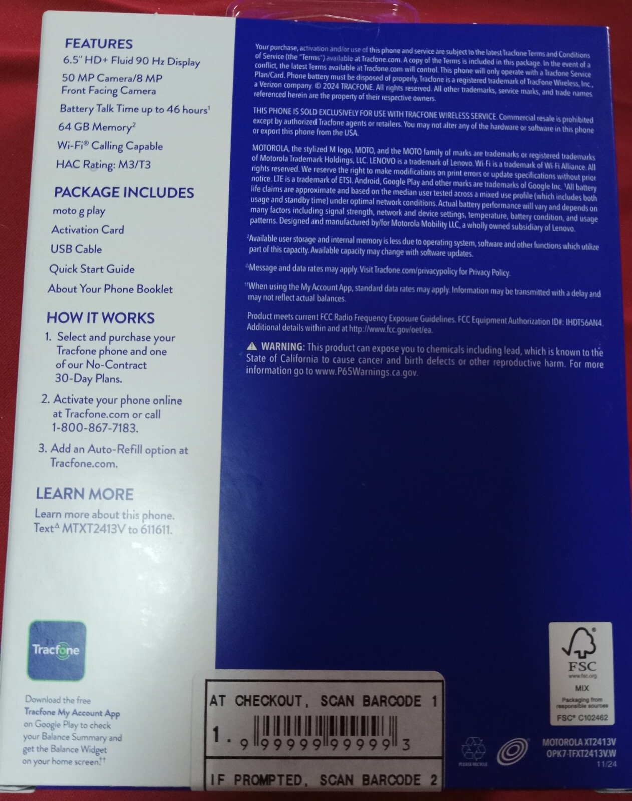 New Tracfone Moto G Play 2024/ 50MP Camera/ 64GB/ 6.5″ HD+ Display