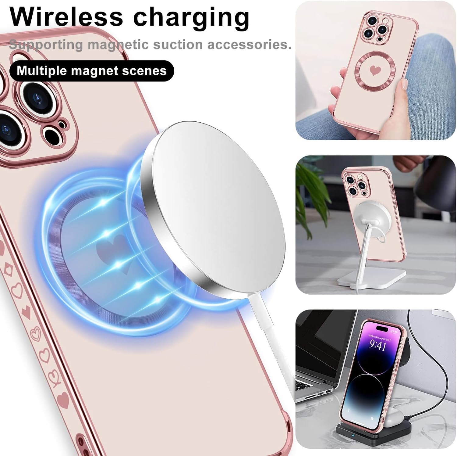 Magnetic Case for iPhone 13 Pro Cute Love Heart Soft Back Cover Full Camera Prot