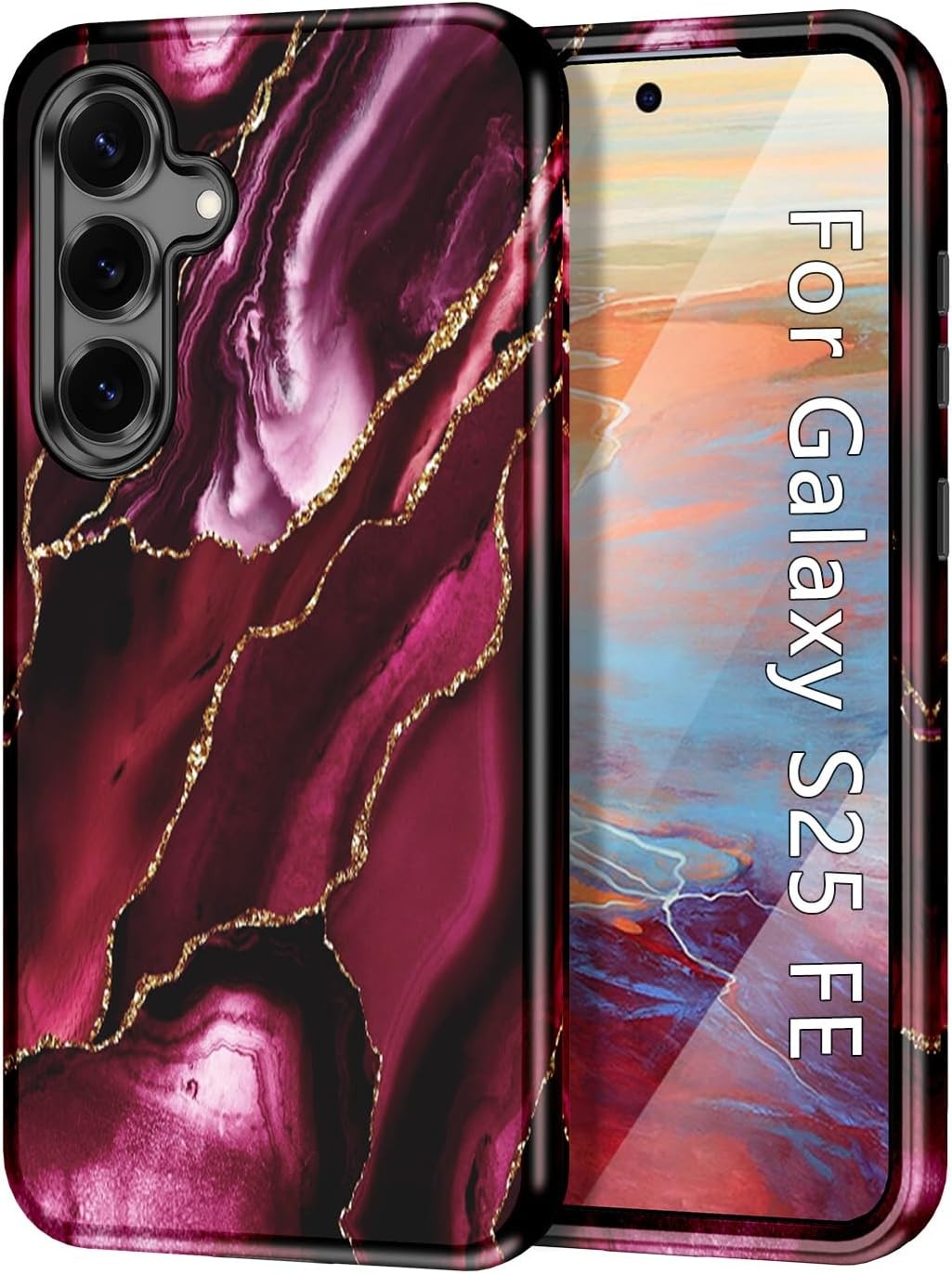 Burgundy Red Marble Pattern Case for Samsung Galaxy S25 FE, 3 in 1 Shockproof De