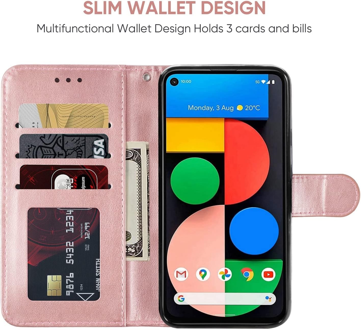 Case for Google Pixel 5 GD1YQ Wallet Case with Tempered Glass Screen Protector