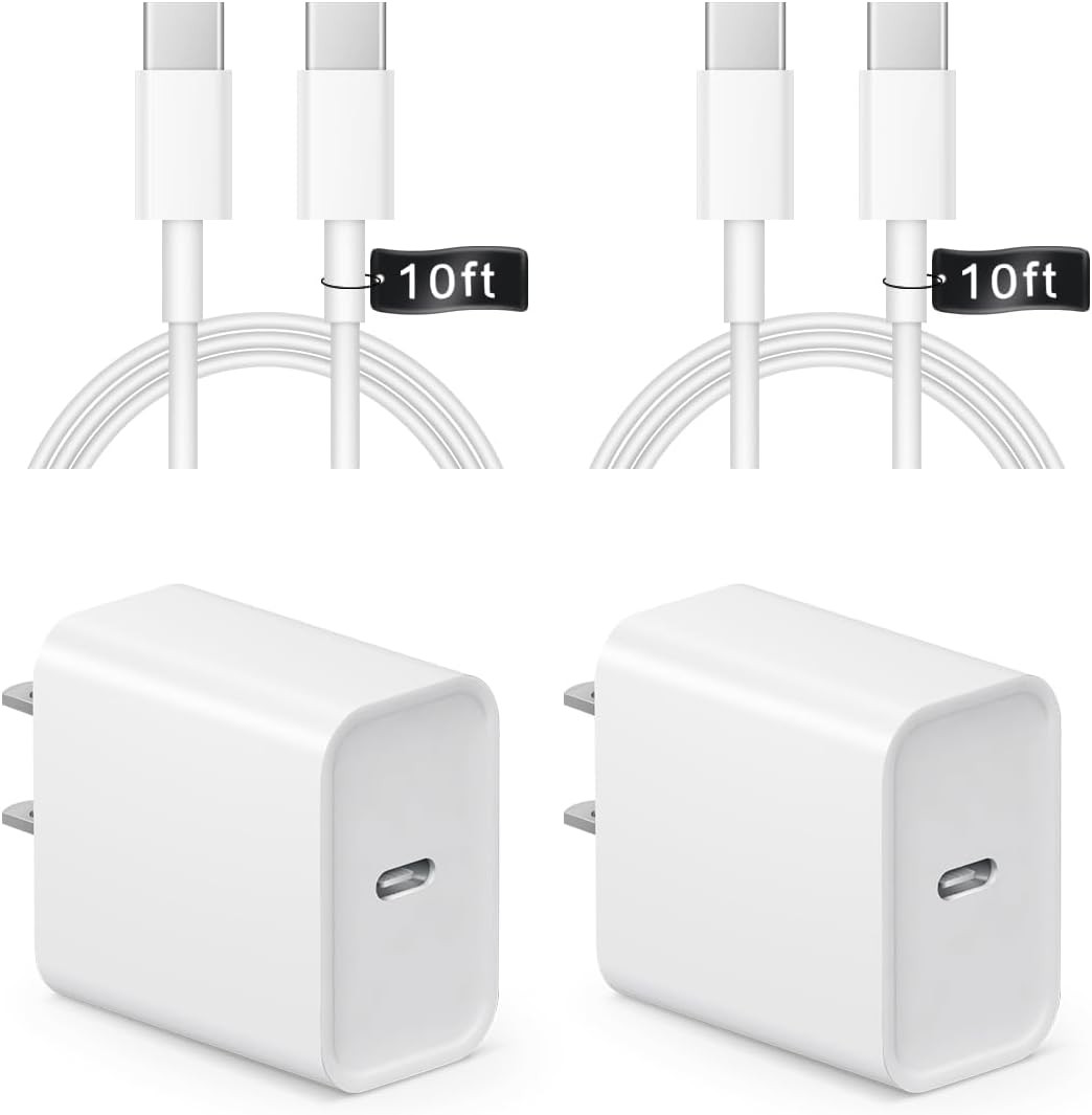 Fast Charging 20W USB-C Charger Block with 10FT Cable for iPhone 15/16/17 Series