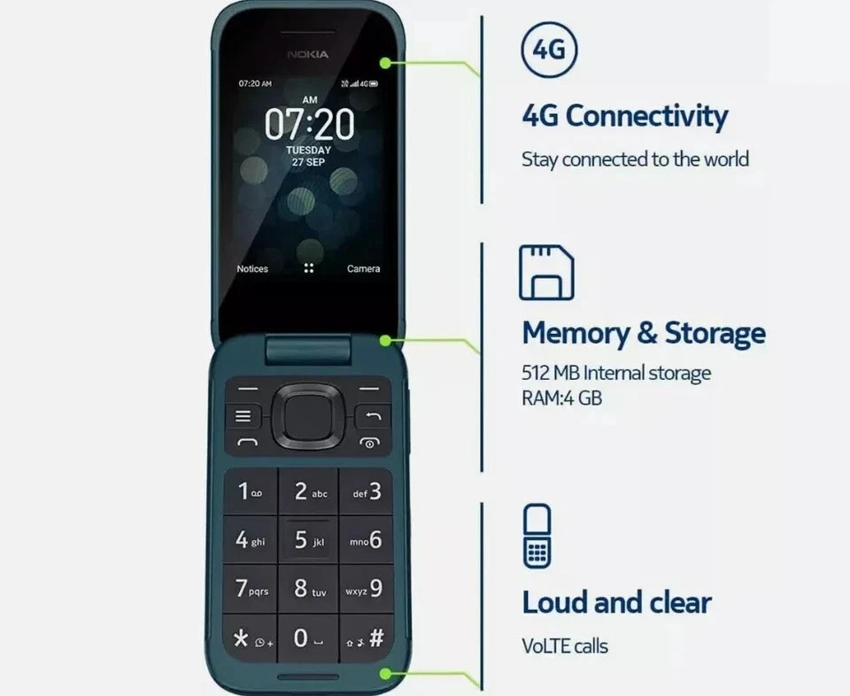 Nokia 2780 Flip Big Keyboad 4G LTE 4GB 512MB RAM 5.0MP Phone 2.7″ WIFI CellPhone