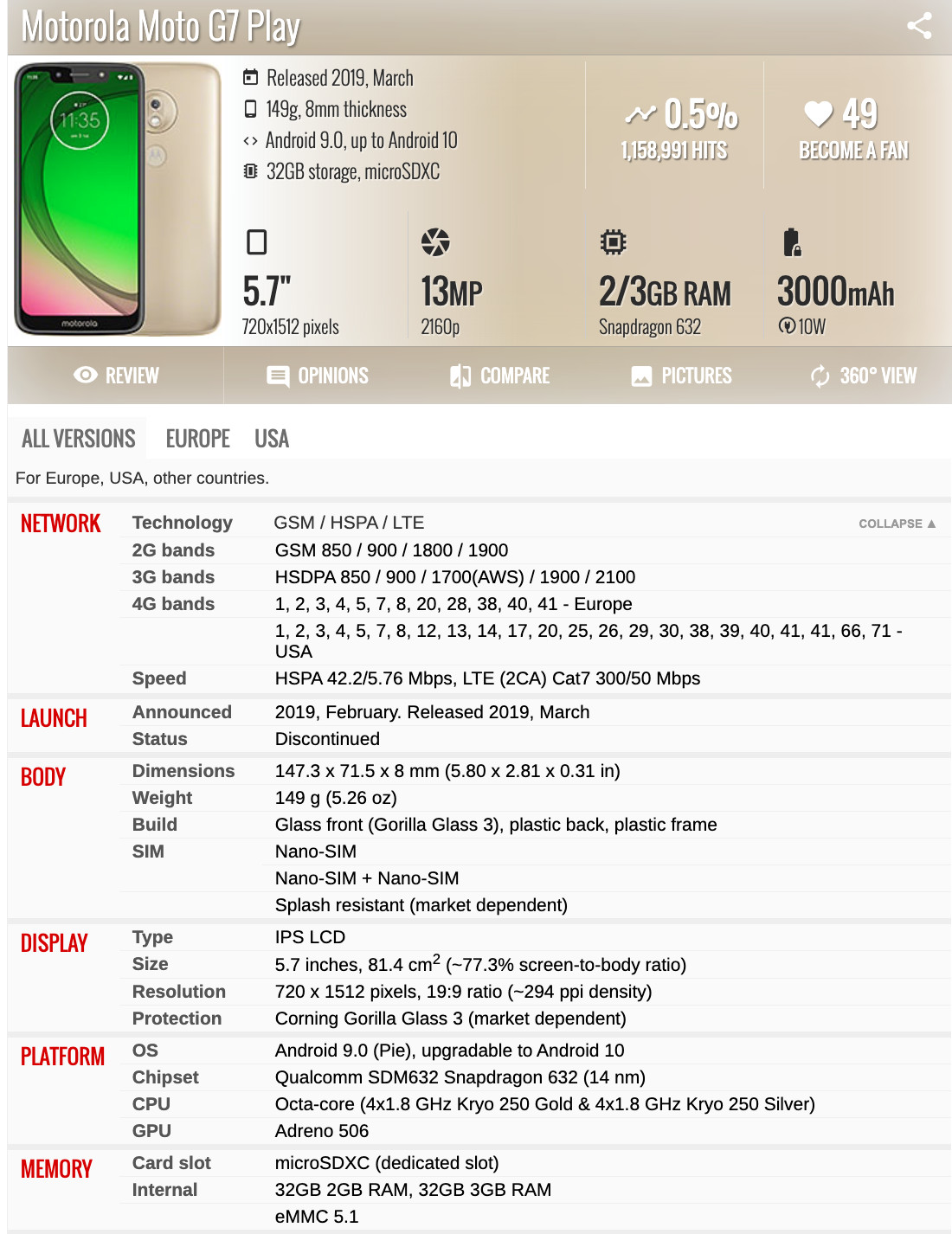 Motorola Moto G7 Play XT1952 32GB ROM 13.0MP Phone 5.7″ Android