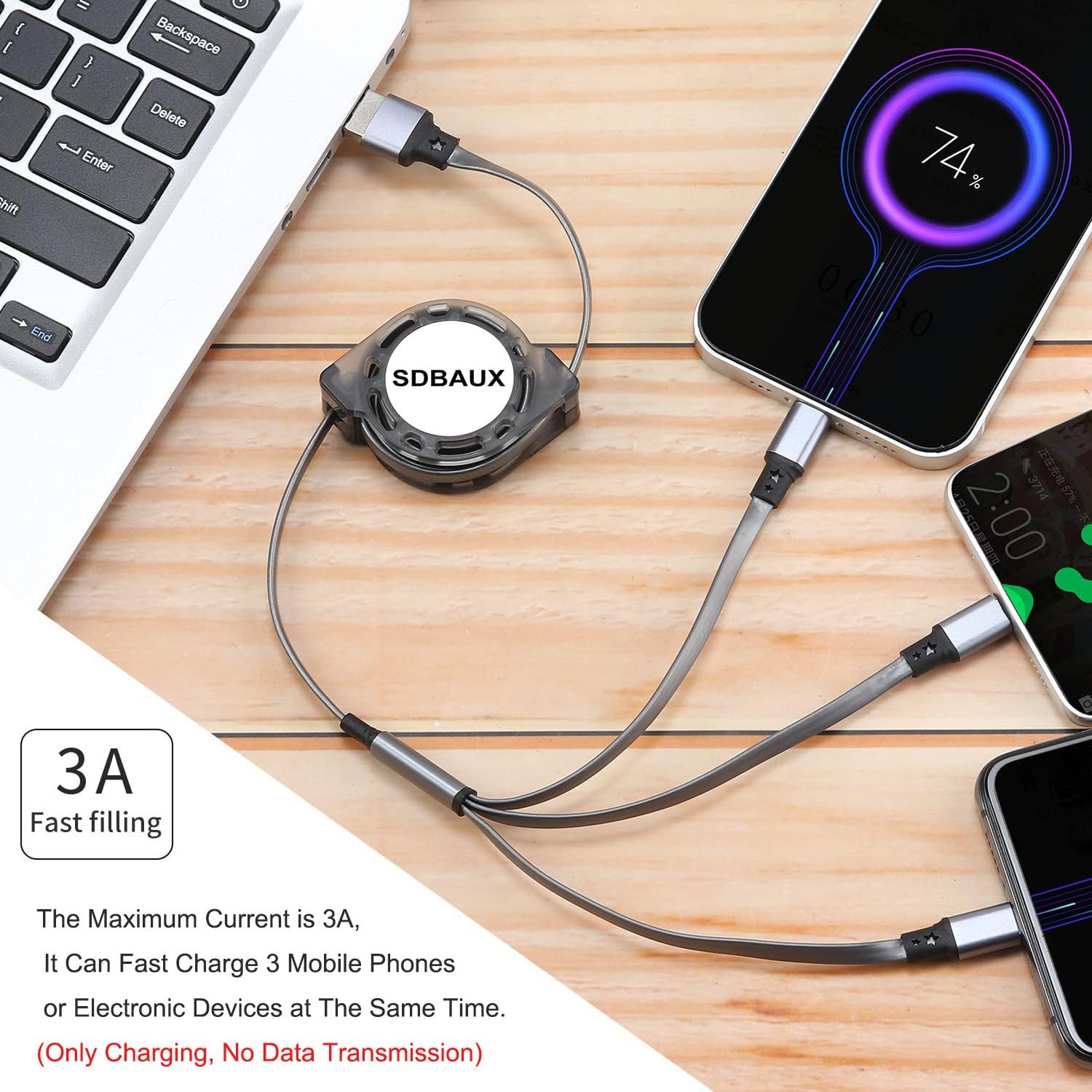 Multi Charging Cable, USB A to 3 in 1 Retractable Mini/Type-C/Micro Fast Charger