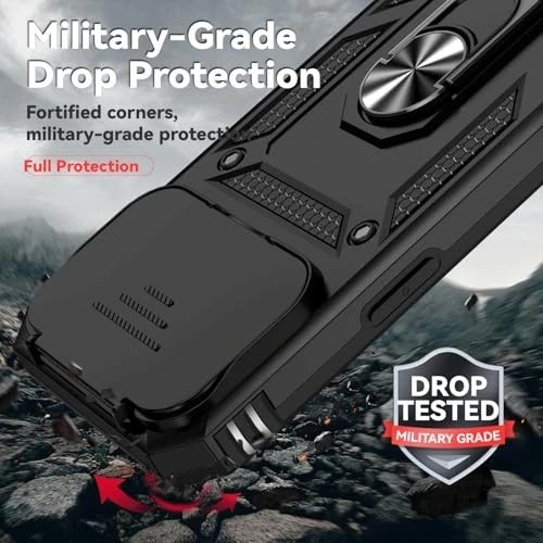 iPhone 17 Pro Max Case with Slide Camera Cover & Kickstand, Military Grade Black