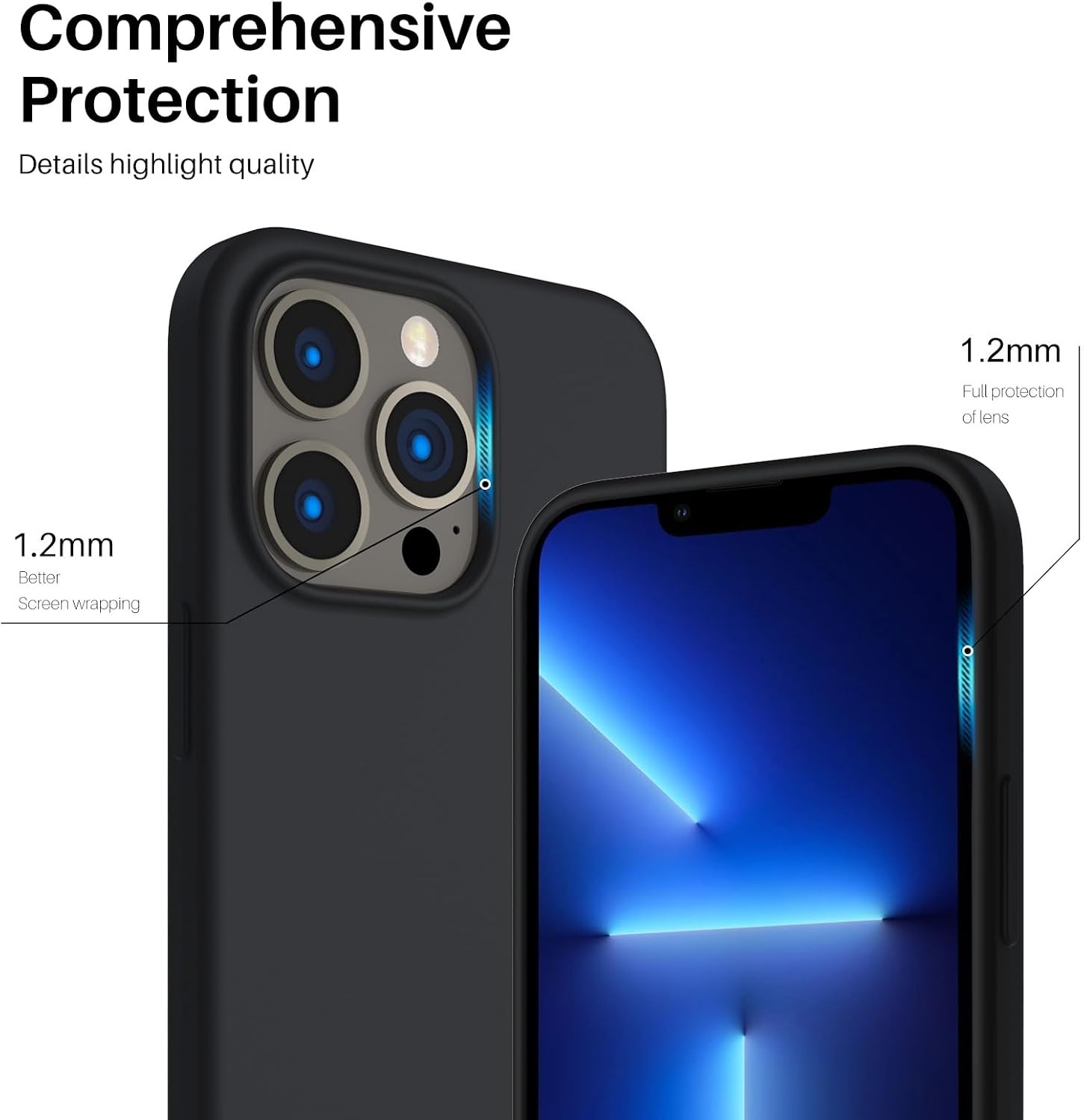 Midnight Black Slim Liquid Silicone Case for iPhone 13 Pro 6.1 inch, 3 Layers Co