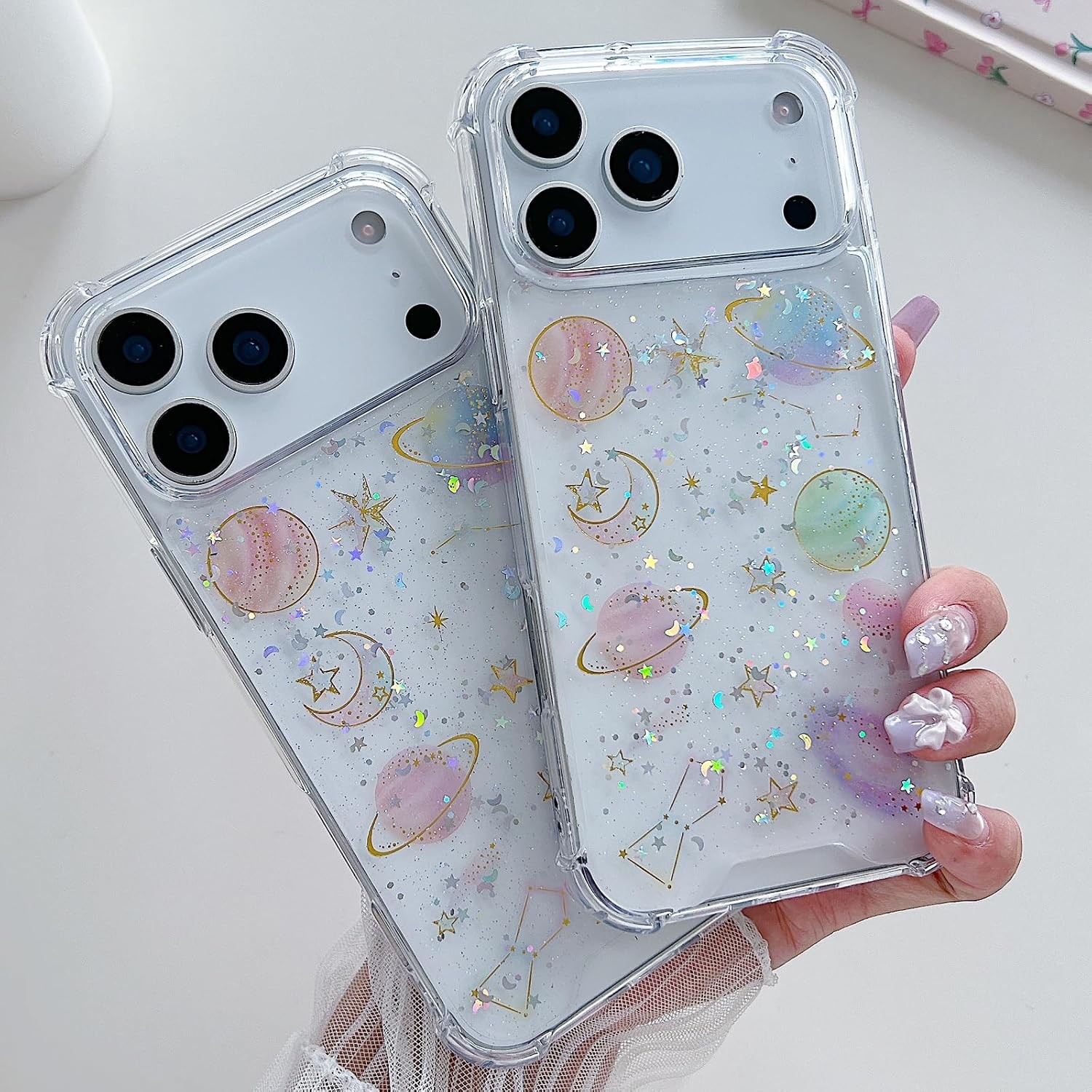 iPhone 17 Air Clear Glitter Case, Cute Girly Bling Sparkle Planet Space Stars Mo