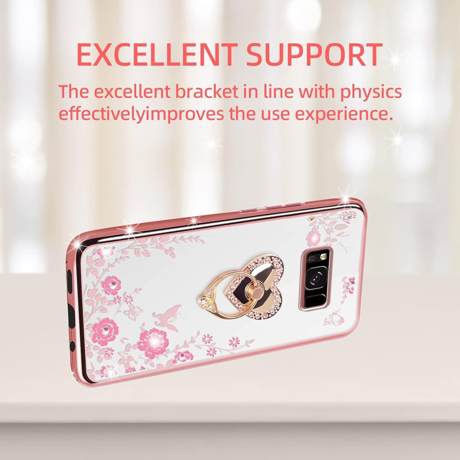 For Samsung Galaxy S8 Plus Case Bling Glitter Phone Cover + Ring Stand-Rose Gold
