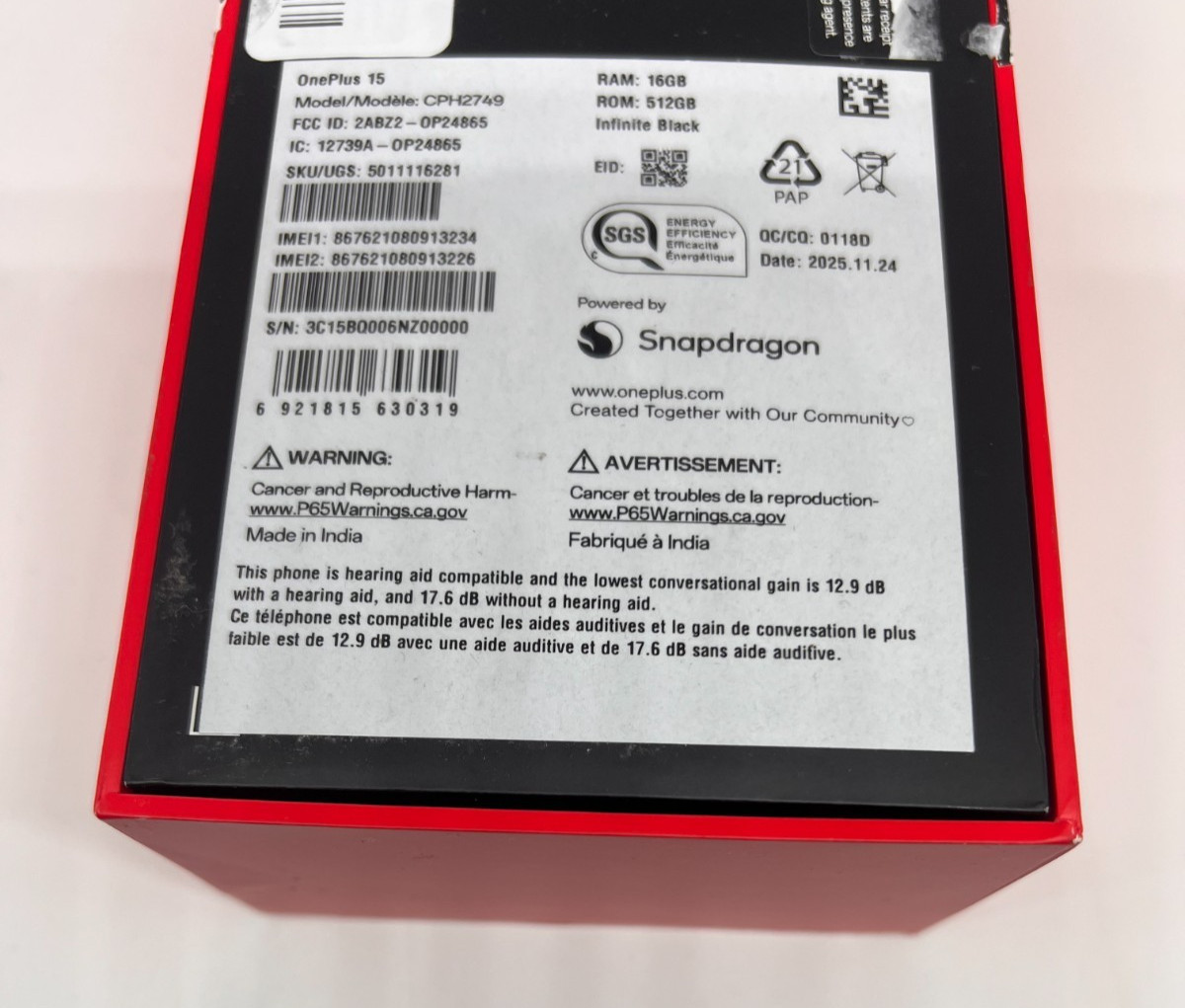 OnePlus 15 – 512GB/16GB RAM- Infinite Black (Unlocked) CPH2749