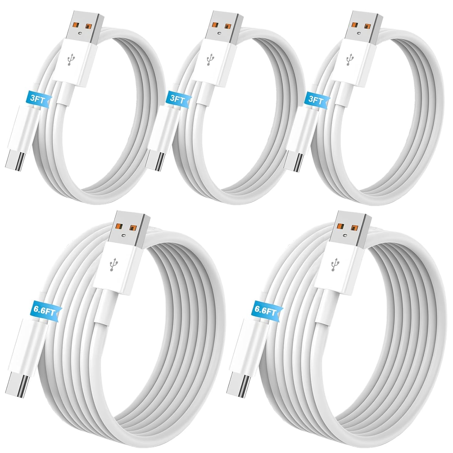 5-Pack 60W USB-A to C Fast Charger for iPhone 17/16, Samsung Galaxy S10, 6.6Ft
