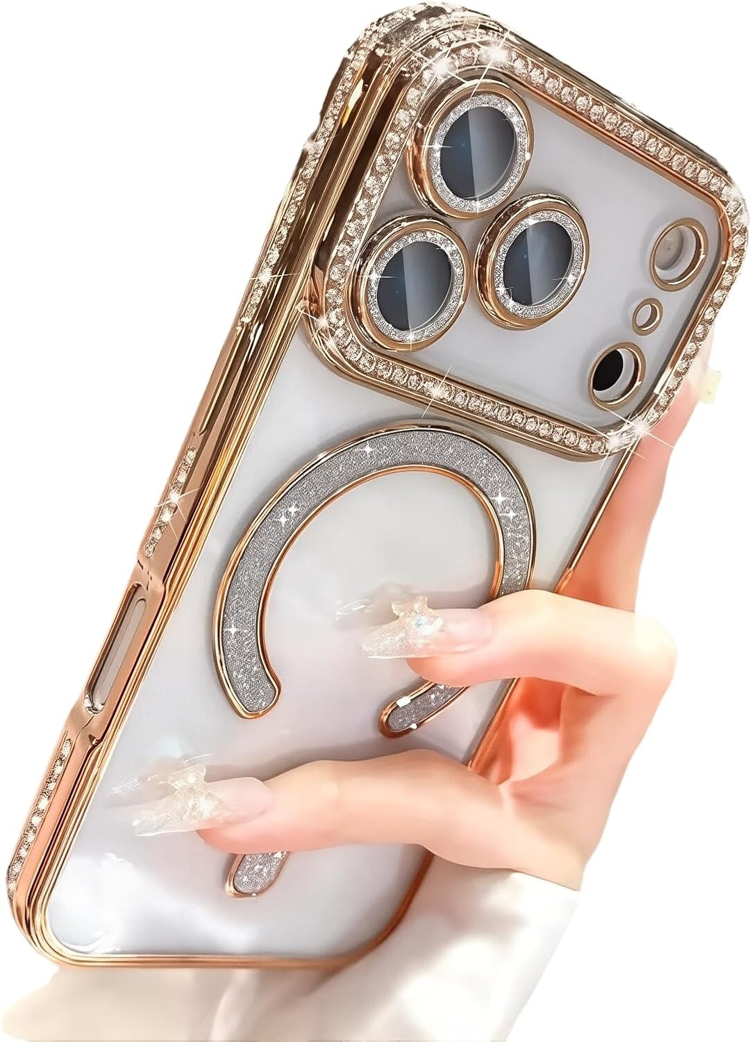iPhone 15 Case with Magnetic Glitter Diamond, Rhinestone Lens Protector, Gold Sl