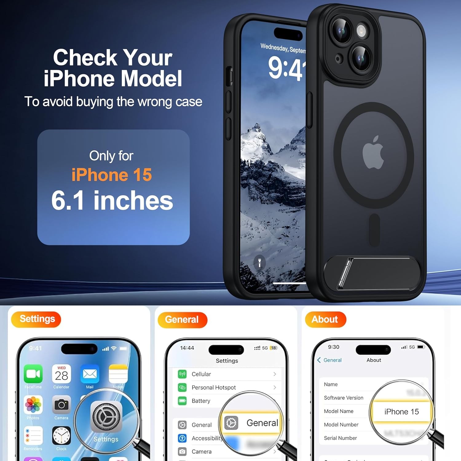 Magnetic iPhone 15 Case, Built-in Invisible Kickstand, Full Camera Protection, B